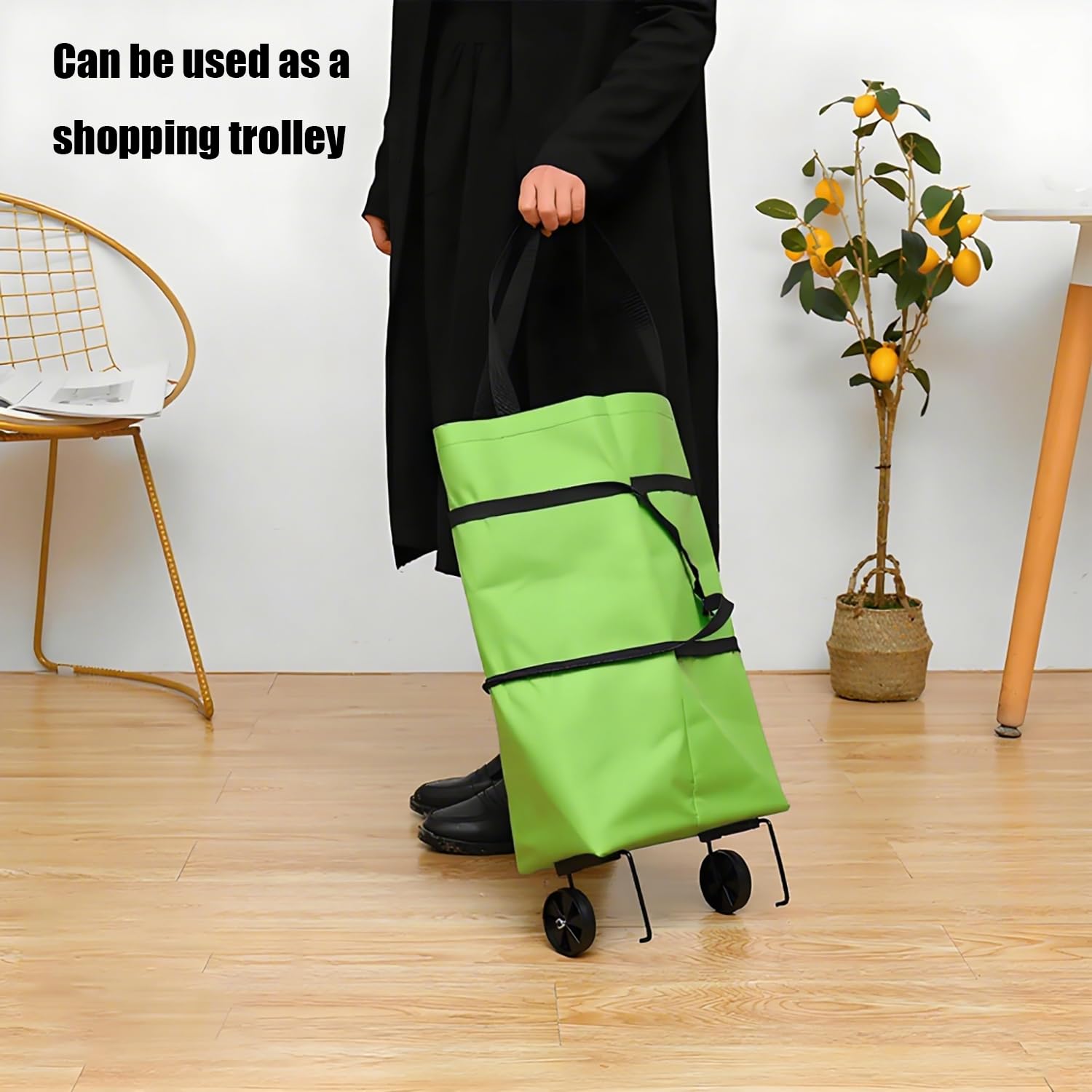 2-in-1 Collapsible Shopping Trolley with Wheels – Foldable Grocery Cart, Reusable Waterproof Oxford Bag for Supermarket, Picnic & Travel (Green) - Image 7