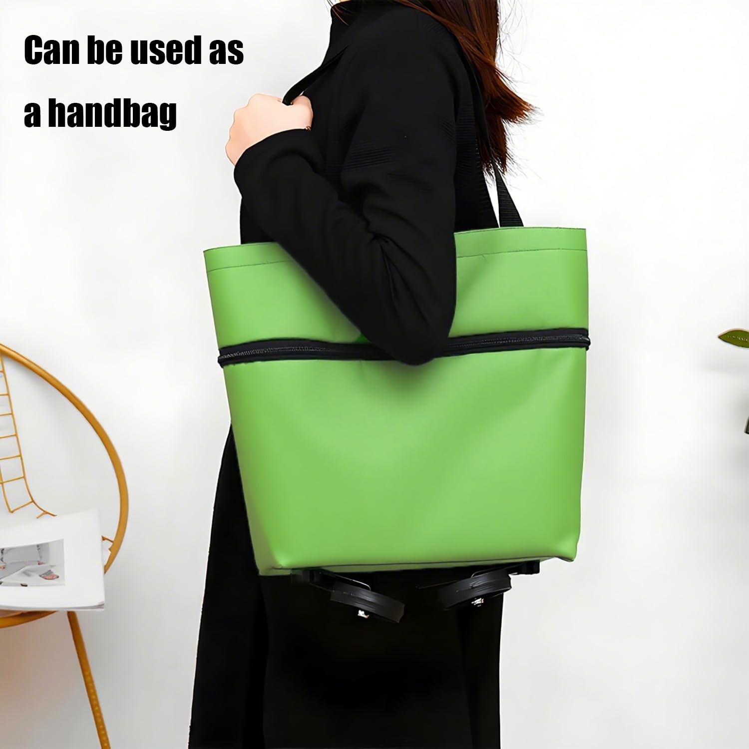 2-in-1 Collapsible Shopping Trolley with Wheels – Foldable Grocery Cart, Reusable Waterproof Oxford Bag for Supermarket, Picnic & Travel (Green) - Image 8