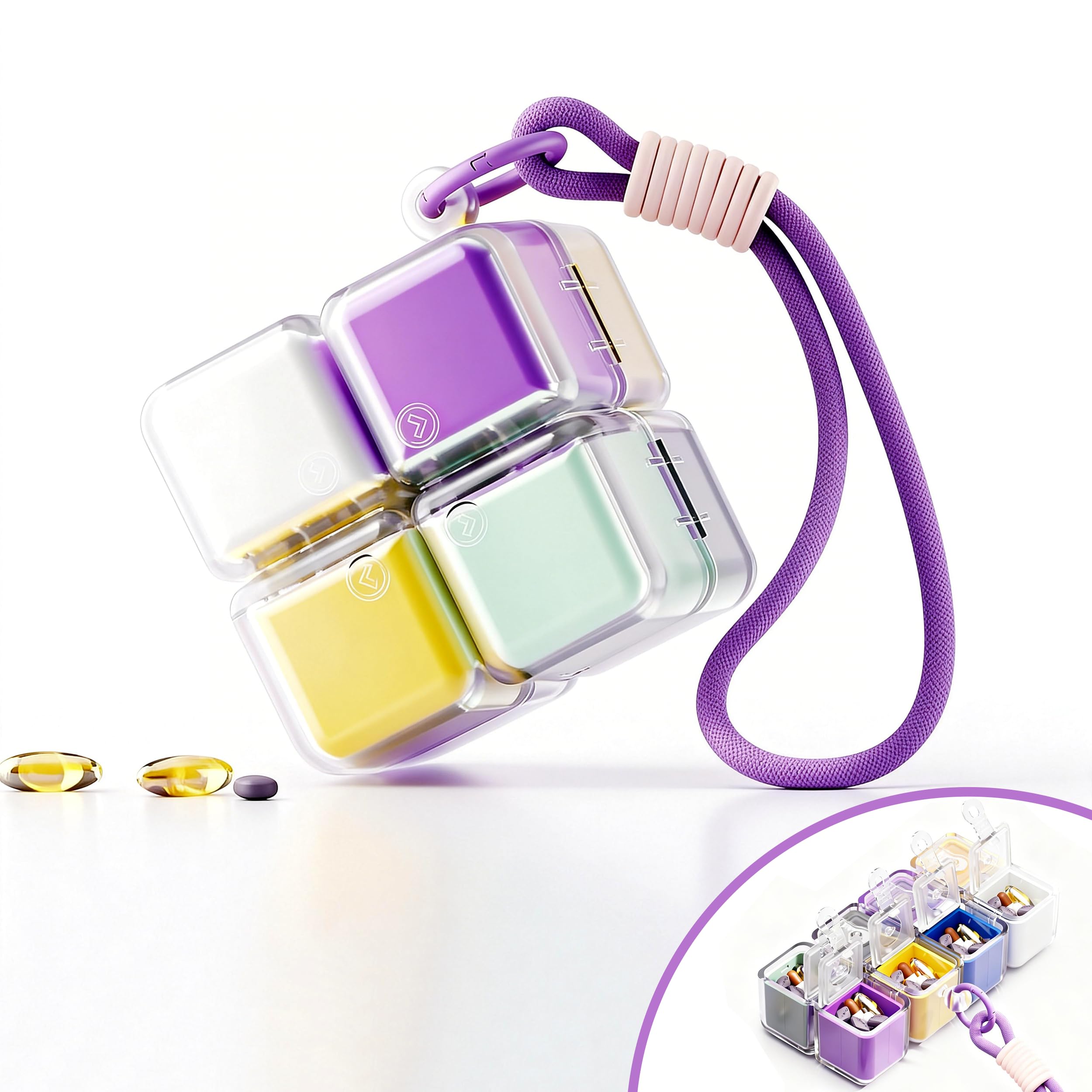 Cube-Shaped Weekly Pill Organizer with Carabiner Clip – 7 Compartment Portable Medicine Case, Airtight & Moisture-Resistant for Daily Vitamins or Emergency Use (Rainbow) - Image 1