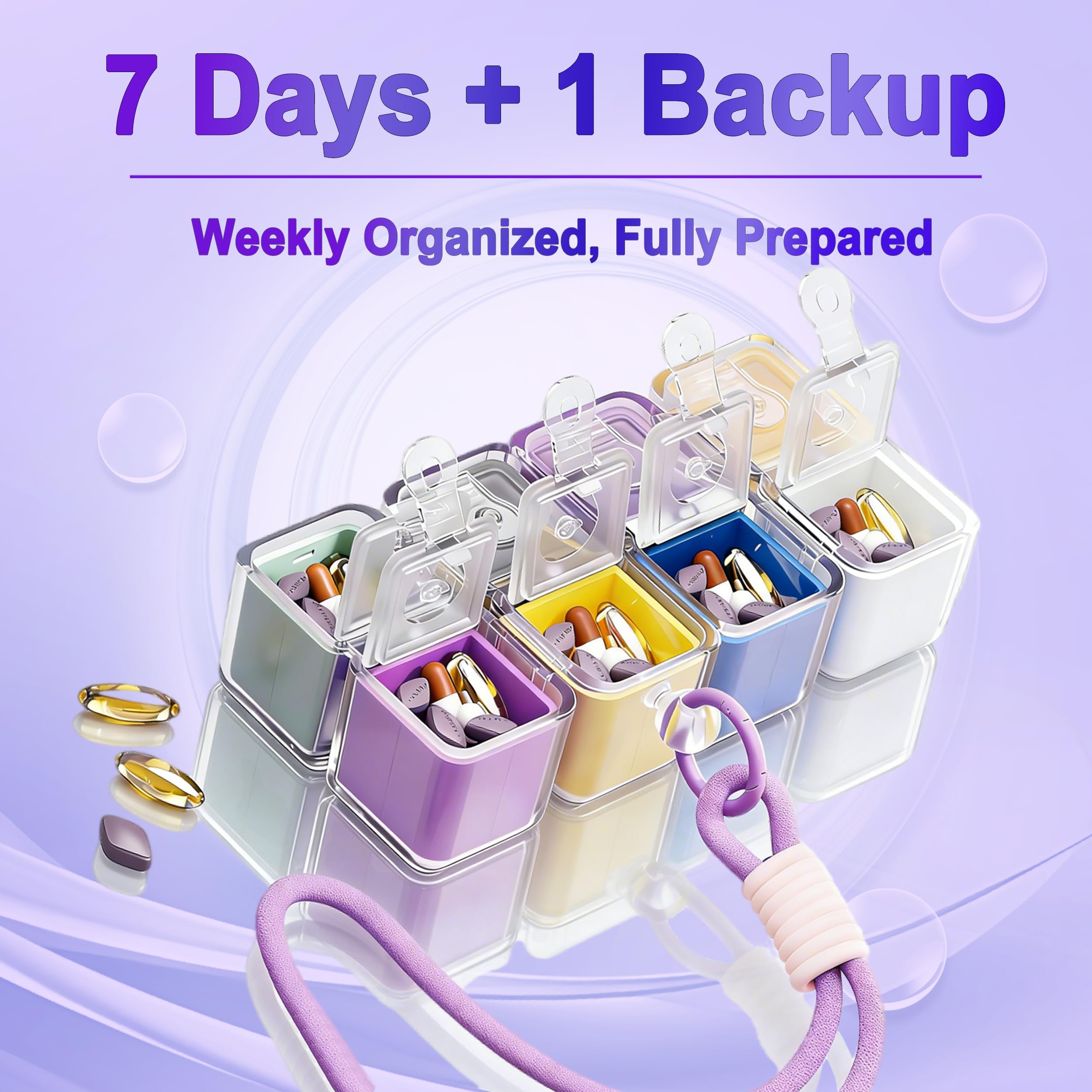 Cube-Shaped Weekly Pill Organizer with Carabiner Clip – 7 Compartment Portable Medicine Case, Airtight & Moisture-Resistant for Daily Vitamins or Emergency Use (Rainbow) - Image 5