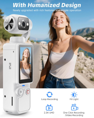 Handheld Pocket Camera – 2.5K UHD, 180° Rotating Lens, Fill Light, 2000mAh Battery, No App Needed, 32GB Included, for Vlog & Travel (White) - Image 2