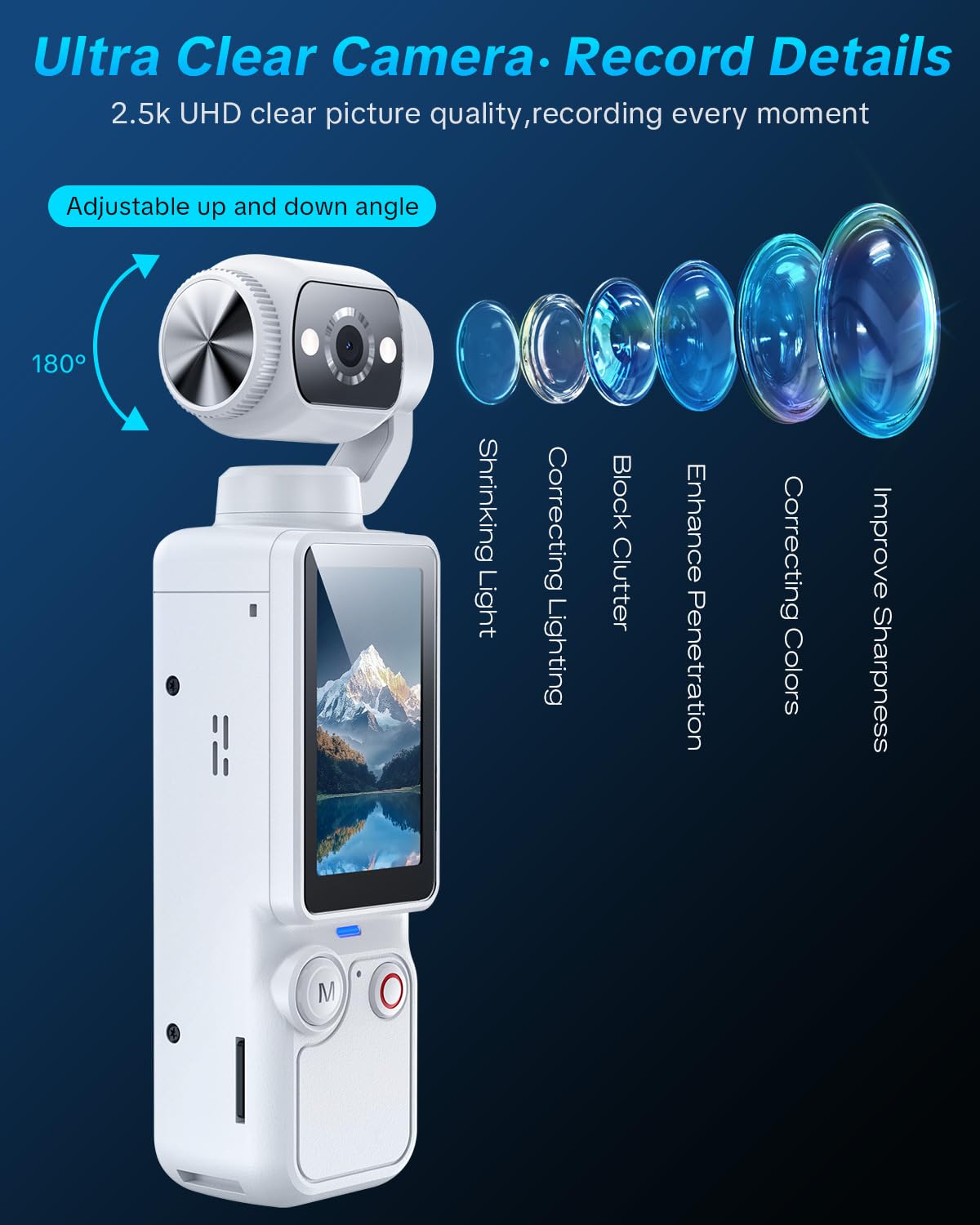 Handheld Pocket Camera – 2.5K UHD, 180° Rotating Lens, Fill Light, 2000mAh Battery, No App Needed, 32GB Included, for Vlog & Travel (White) - Image 5