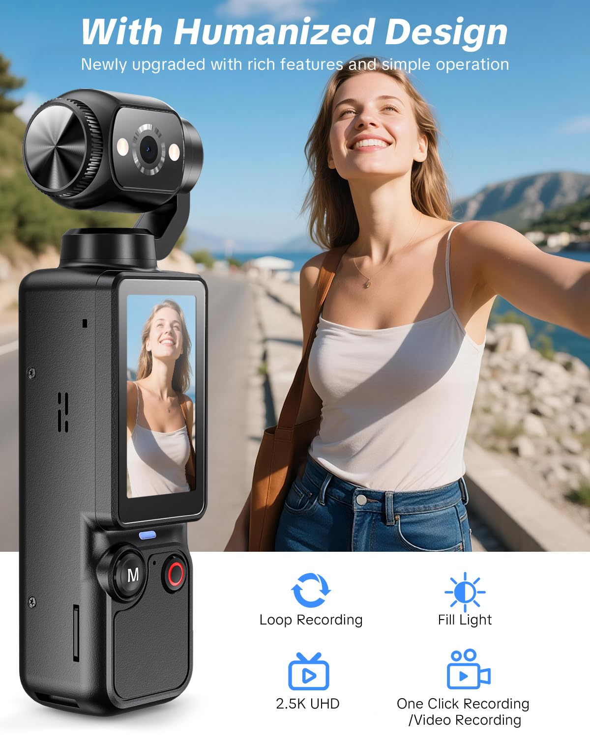 Handheld Pocket Camera – 2.5K UHD, 180° Rotating Lens, Fill Light, 2000mAh Battery, No App Needed, 32GB Included, for Vlog & Travel (Black) - Image 2