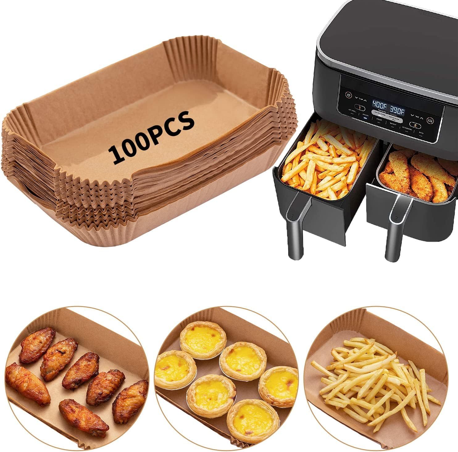 100-Pack Air Fryer Paper Liners – Rectangular Bowl-Style, Unbleached Kraft Paper, Heat-Resistant & Grease-Proof, Compatible with Most Dual-Basket Air Fryers, Ovens, Microwaves, and Instant Pots—Single-Use Convenience for Easy Cleanup (Brown) - Image 1