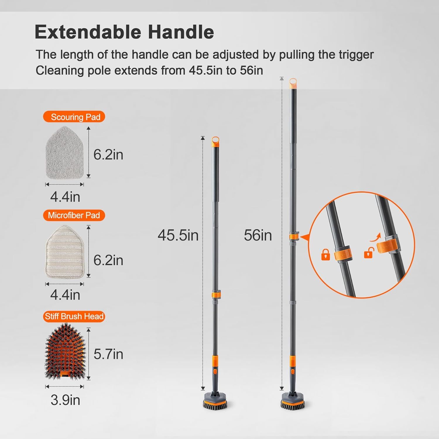 3-in-1 Extendable Cleaning System with Rotatable Head, Stiff Bristle Brush, Microfiber Pad, and Scouring Pad—Telescopic Handle, Interchangeable Heads for Bath, Tile, Glass, and Floor Use—Compact & Versatile Home Cleaning Tool (Grey) - Image 2