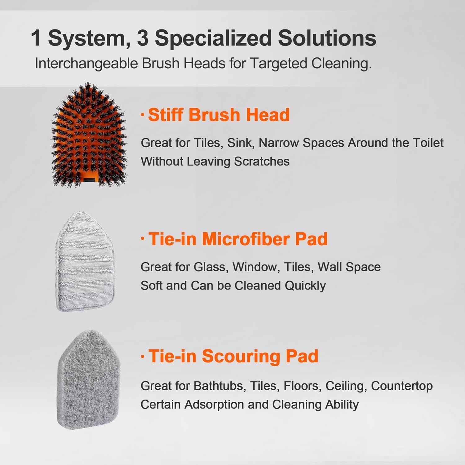 3-in-1 Extendable Cleaning System with Rotatable Head, Stiff Bristle Brush, Microfiber Pad, and Scouring Pad—Telescopic Handle, Interchangeable Heads for Bath, Tile, Glass, and Floor Use—Compact & Versatile Home Cleaning Tool (Grey) - Image 3