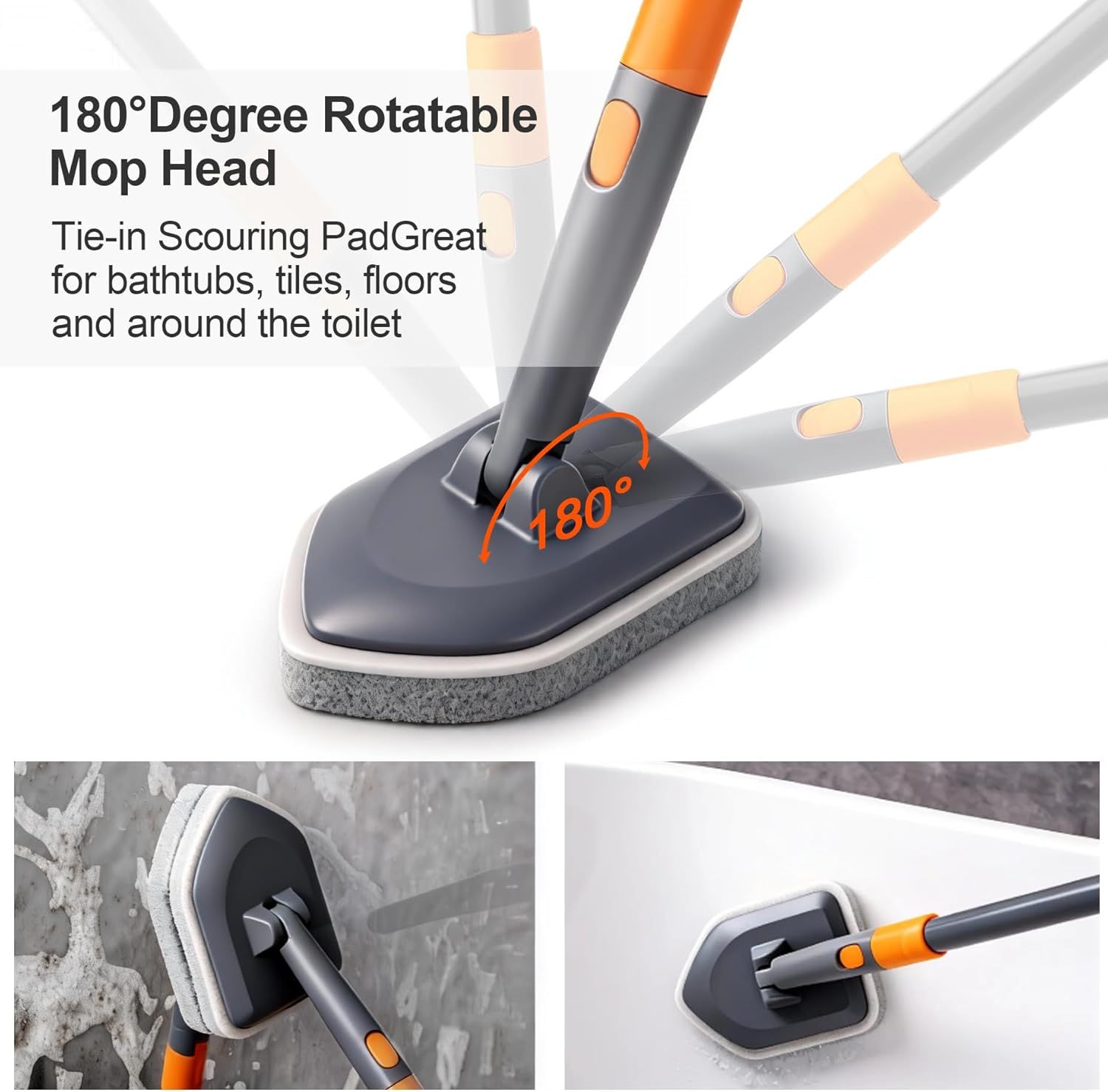 3-in-1 Extendable Cleaning System with Rotatable Head, Stiff Bristle Brush, Microfiber Pad, and Scouring Pad—Telescopic Handle, Interchangeable Heads for Bath, Tile, Glass, and Floor Use—Compact & Versatile Home Cleaning Tool (Grey) - Image 6