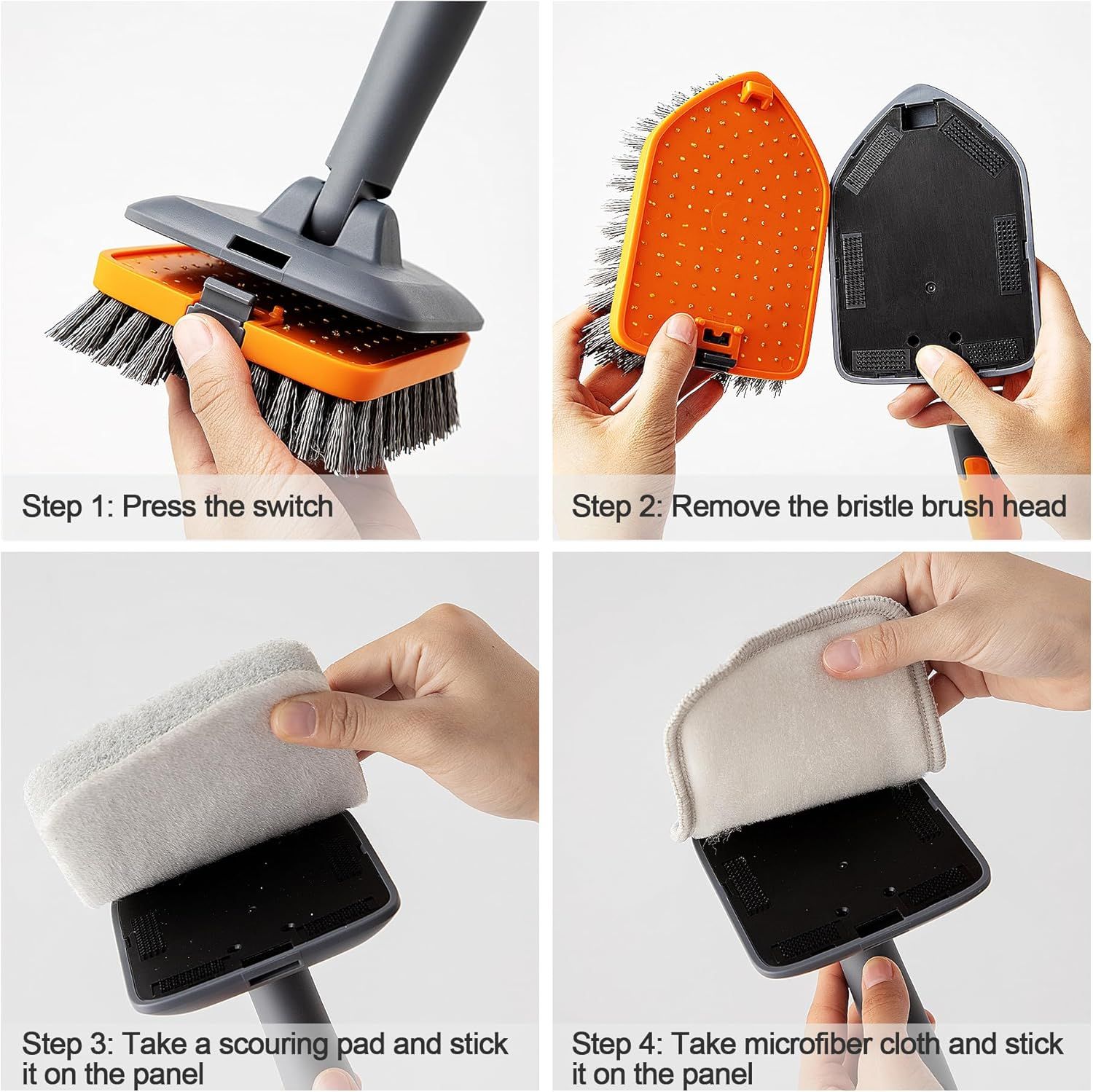 3-in-1 Extendable Cleaning System with Rotatable Head, Stiff Bristle Brush, Microfiber Pad, and Scouring Pad—Telescopic Handle, Interchangeable Heads for Bath, Tile, Glass, and Floor Use—Compact & Versatile Home Cleaning Tool (Grey) - Image 7