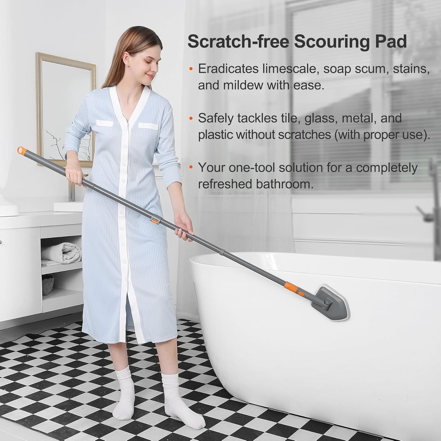 3-in-1 Extendable Cleaning System with Rotatable Head, Stiff Bristle Brush, Microfiber Pad, and Scouring Pad—Telescopic Handle, Interchangeable Heads for Bath, Tile, Glass, and Floor Use—Compact & Versatile Home Cleaning Tool (Grey) - Image 8