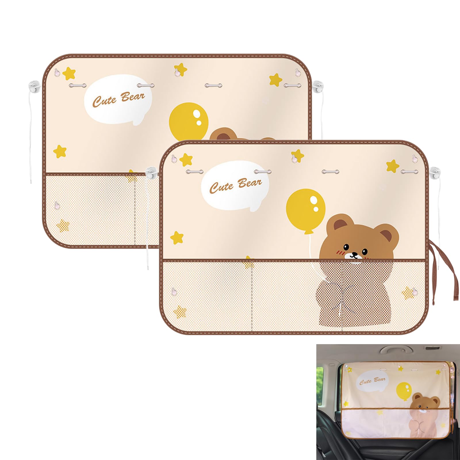 Cute Bear Car Sunshade Set of 2 – Side Window Curtain with Storage Mesh Pockets and Suction Cups for Kids – UV Protection & Heat Block (Beige) - Image 1