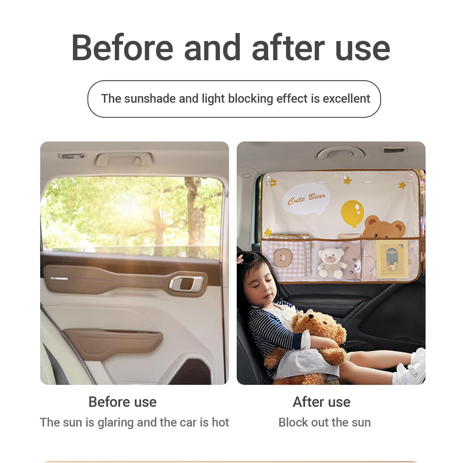 Cute Bear Car Sunshade Set of 2 – Side Window Curtain with Storage Mesh Pockets and Suction Cups for Kids – UV Protection & Heat Block (Beige) - Image 3