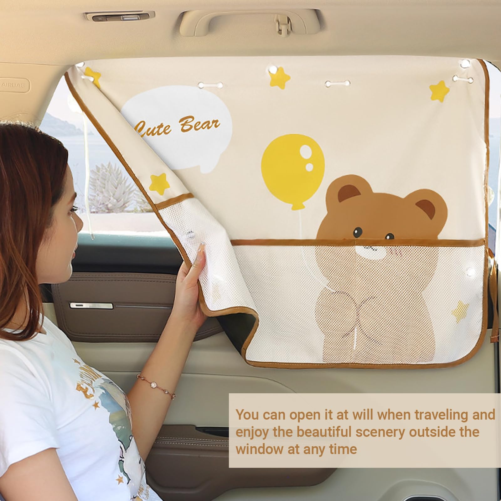 Cute Bear Car Sunshade Set of 2 – Side Window Curtain with Storage Mesh Pockets and Suction Cups for Kids – UV Protection & Heat Block (Beige) - Image 4