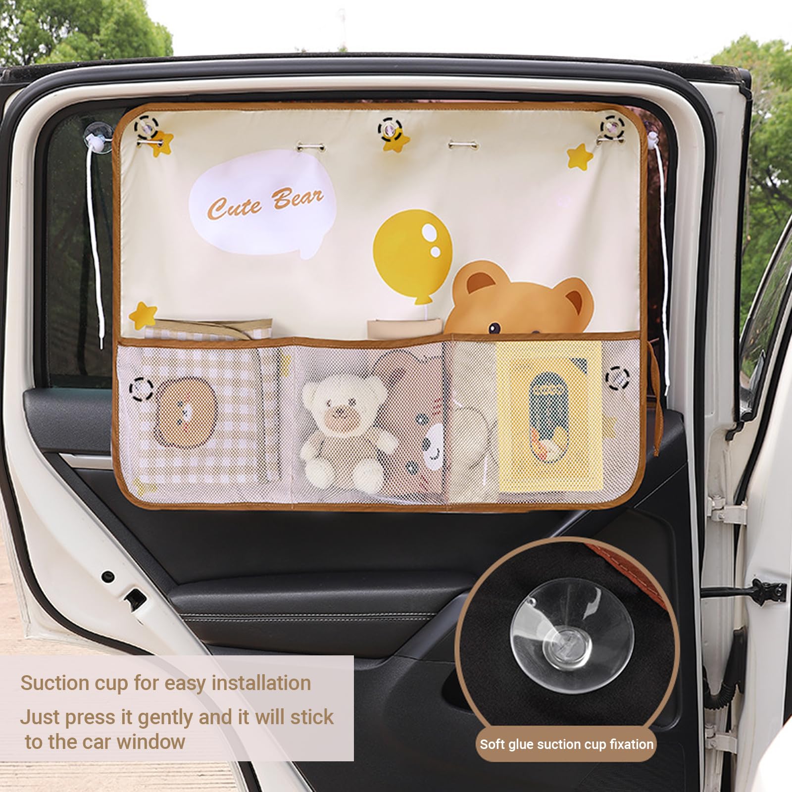 Cute Bear Car Sunshade Set of 2 – Side Window Curtain with Storage Mesh Pockets and Suction Cups for Kids – UV Protection & Heat Block (Beige) - Image 5