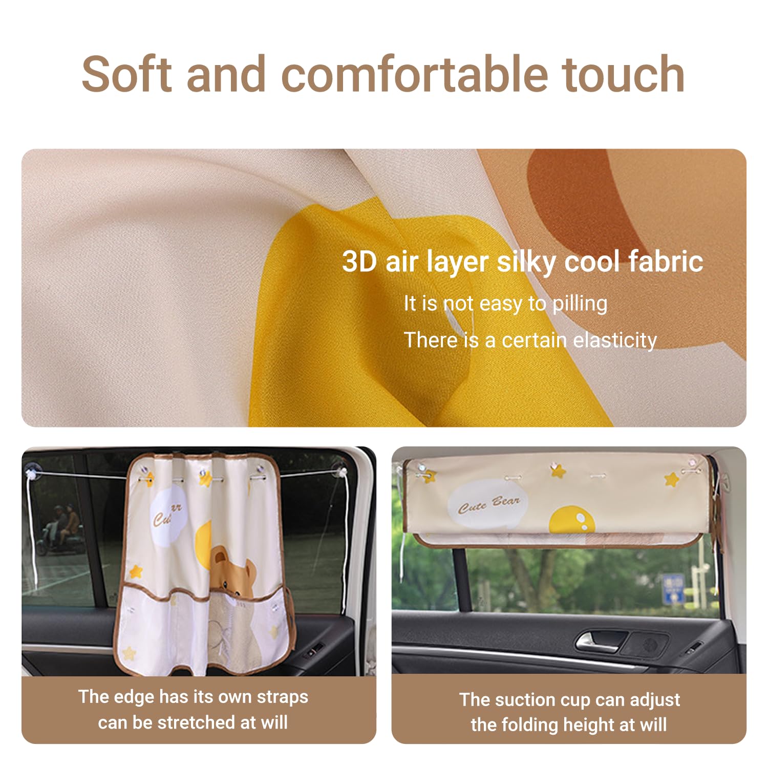 Cute Bear Car Sunshade Set of 2 – Side Window Curtain with Storage Mesh Pockets and Suction Cups for Kids – UV Protection & Heat Block (Beige) - Image 6