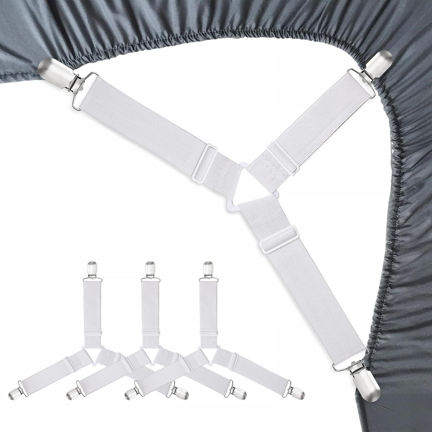 4-Pack Adjustable Bed Sheet Fasteners with Triangle 3-Clamp Design, White Elastic Bands & Nickel-Plated Clips—Secures Fitted Sheets, Sofa Covers, Car Seat Covers, and Tablecloths—Easy Install, Reusable - Image 1