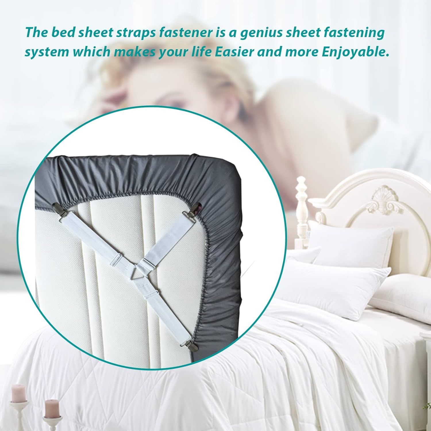 4-Pack Adjustable Bed Sheet Fasteners with Triangle 3-Clamp Design, White Elastic Bands & Nickel-Plated Clips—Secures Fitted Sheets, Sofa Covers, Car Seat Covers, and Tablecloths—Easy Install, Reusable - Image 2