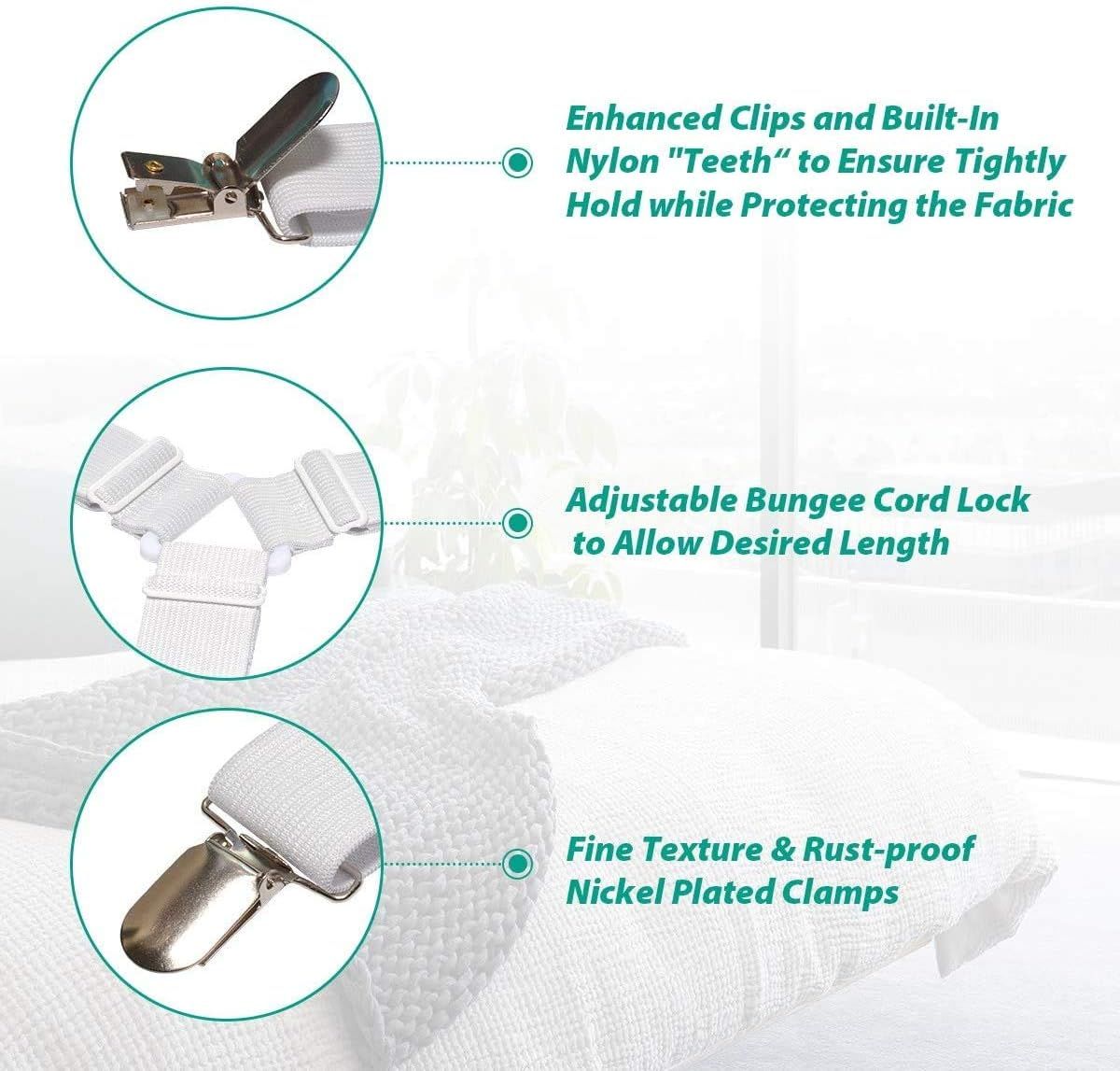 4-Pack Adjustable Bed Sheet Fasteners with Triangle 3-Clamp Design, White Elastic Bands & Nickel-Plated Clips—Secures Fitted Sheets, Sofa Covers, Car Seat Covers, and Tablecloths—Easy Install, Reusable - Image 5