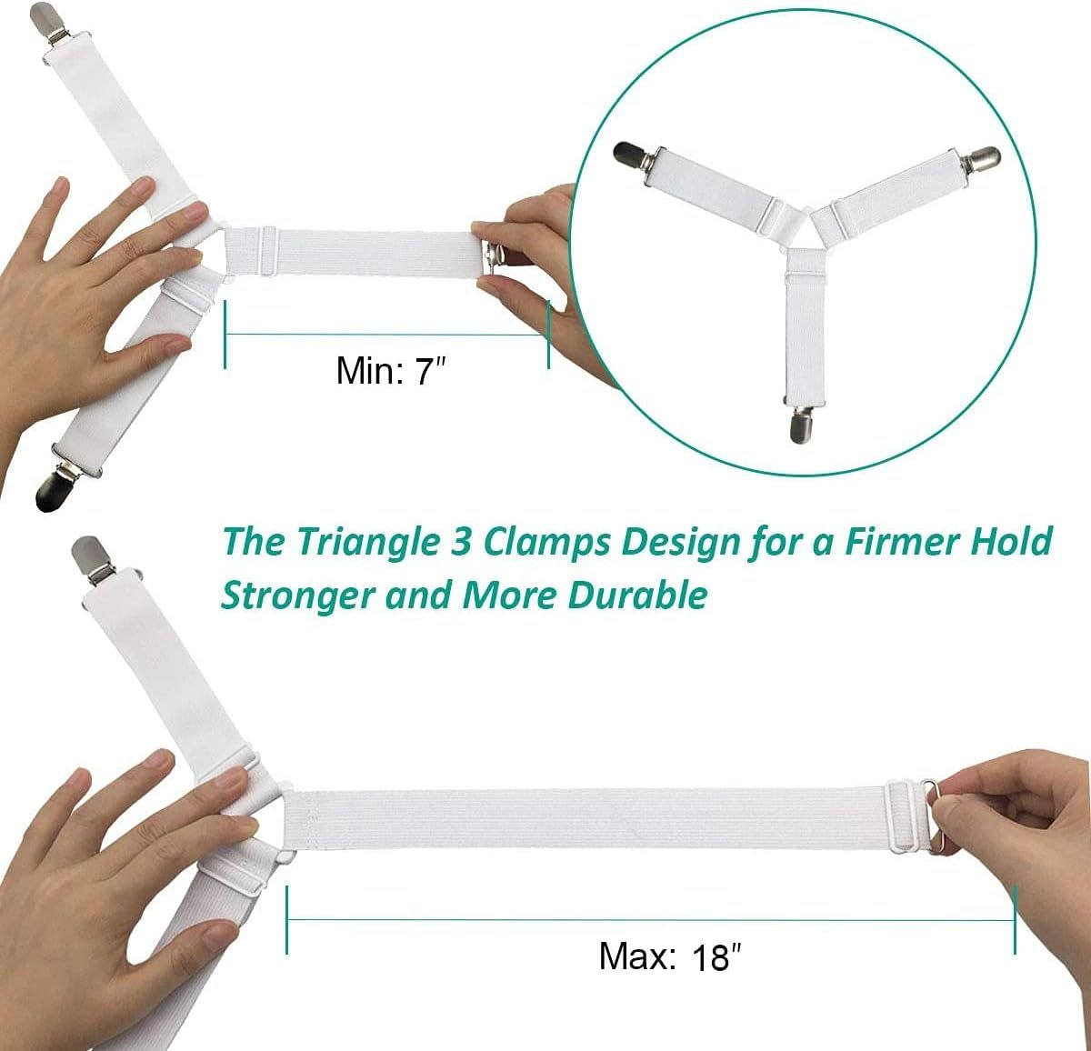 8-Pack Adjustable Bed Sheet Fasteners with Triangle 3-Clamp Design, White Elastic Bands & Nickel-Plated Clips—Secures Fitted Sheets, Sofa Covers, Car Seat Covers, and Tablecloths—Easy Install, Reusable - Image 4