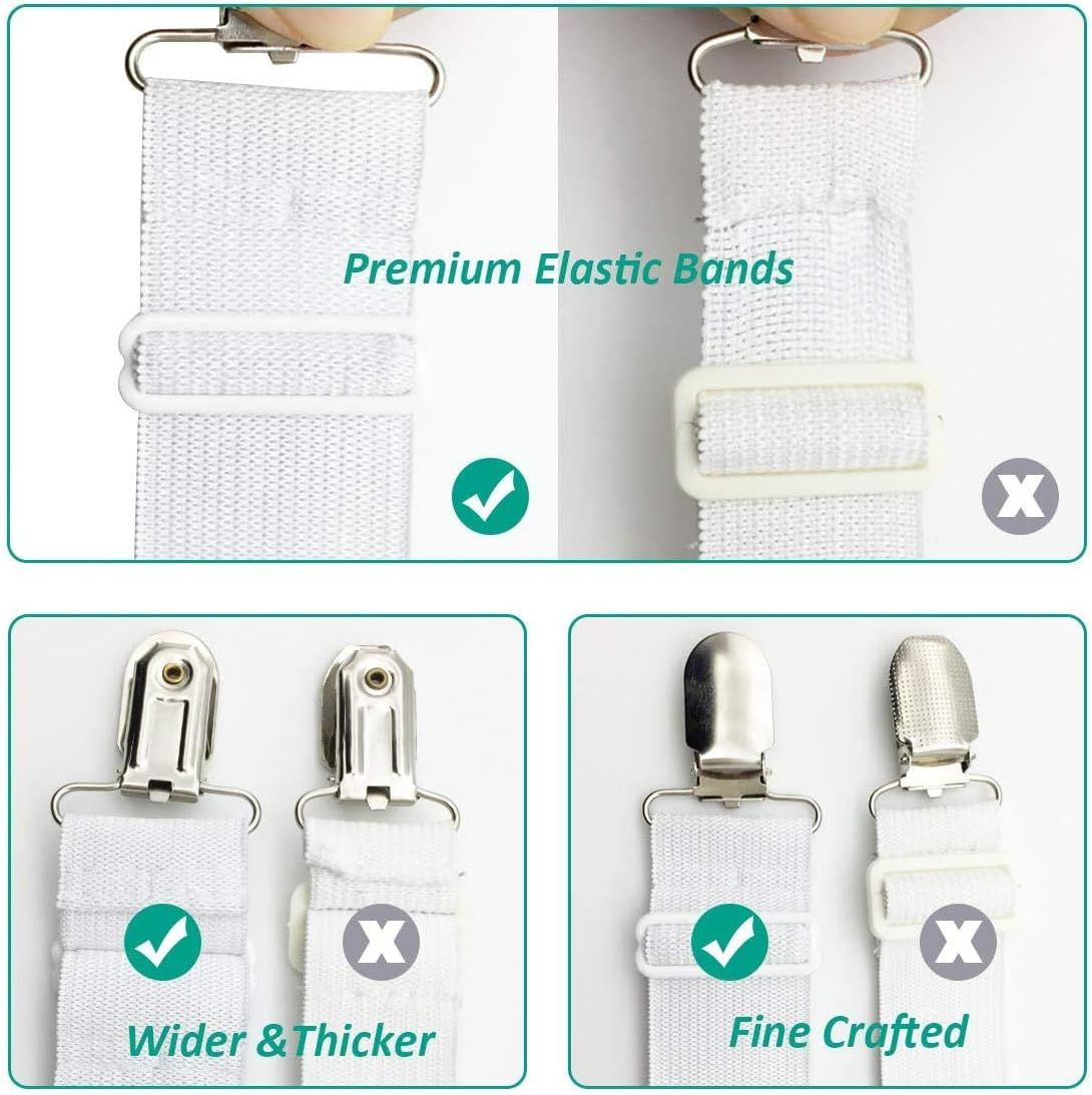 8-Pack Adjustable Bed Sheet Fasteners with Triangle 3-Clamp Design, White Elastic Bands & Nickel-Plated Clips—Secures Fitted Sheets, Sofa Covers, Car Seat Covers, and Tablecloths—Easy Install, Reusable - Image 6