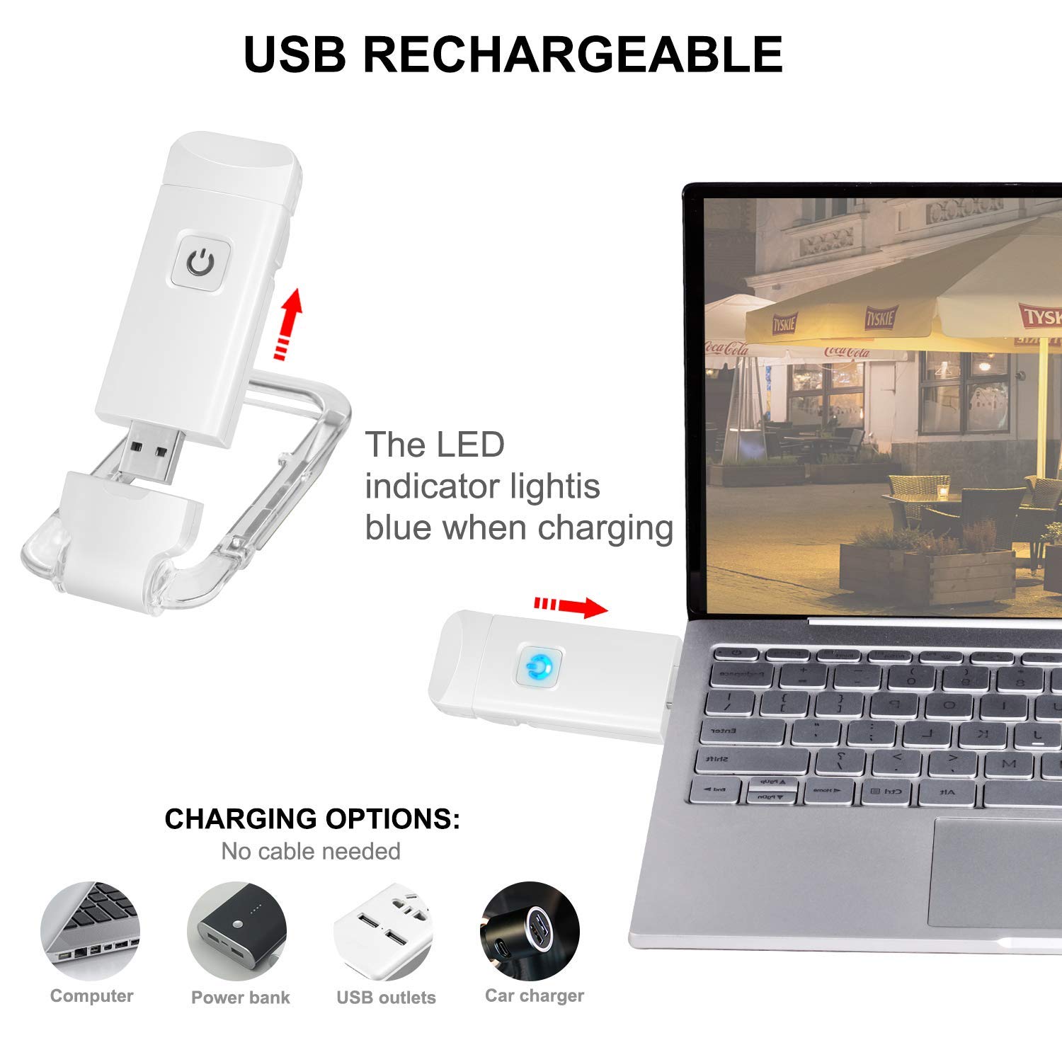 Rechargeable LED Book Light with Dimmable Warm White & Amber Modes – USB-Powered Clip-On Reading Lamp for Books, Sheet Music & Travel (White) - Image 2