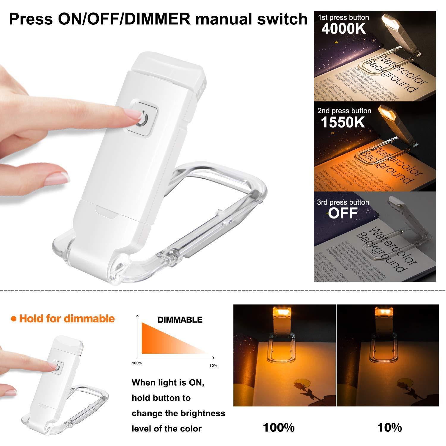 Rechargeable LED Book Light with Dimmable Warm White & Amber Modes – USB-Powered Clip-On Reading Lamp for Books, Sheet Music & Travel (White) - Image 3