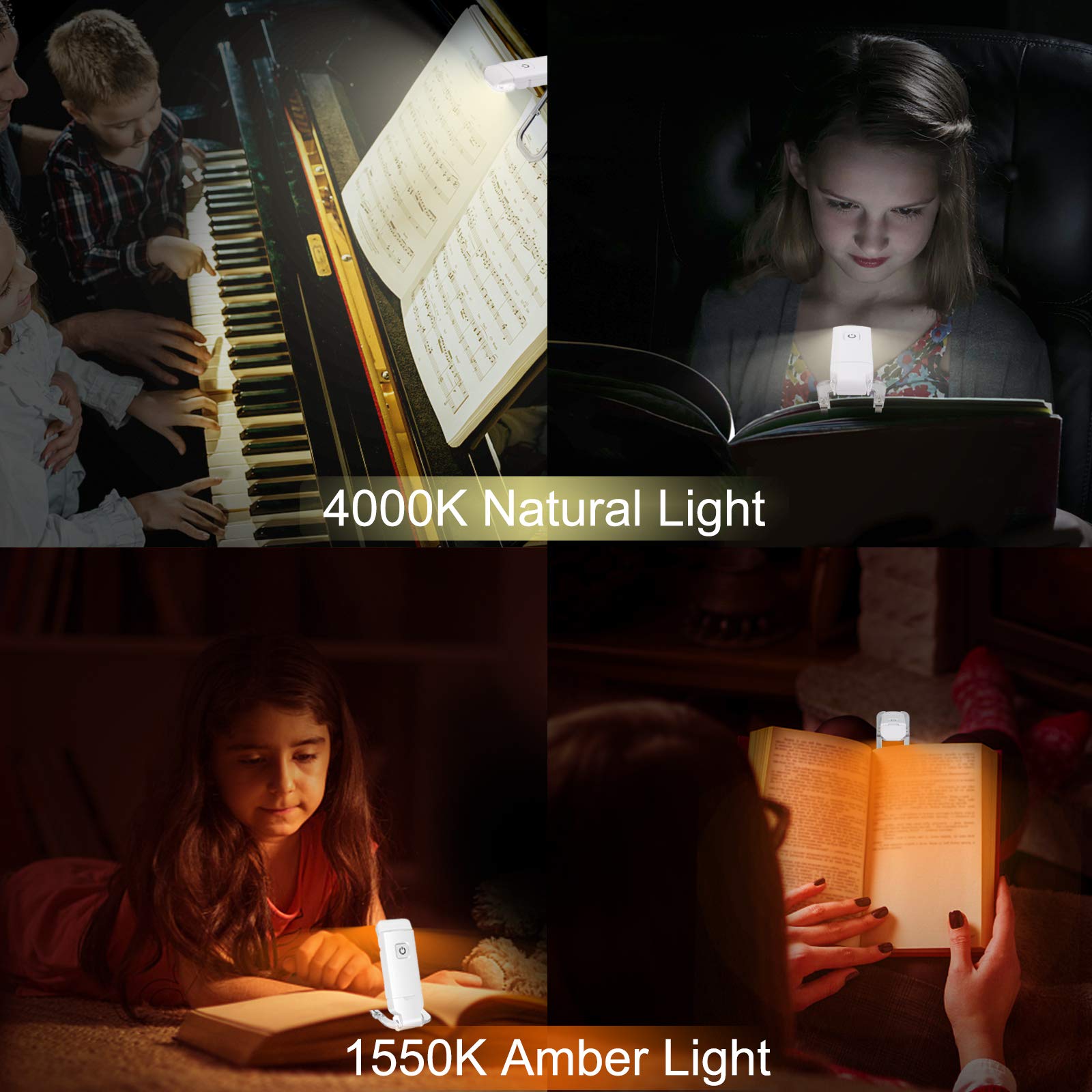 Rechargeable LED Book Light with Dimmable Warm White & Amber Modes – USB-Powered Clip-On Reading Lamp for Books, Sheet Music & Travel (White) - Image 4