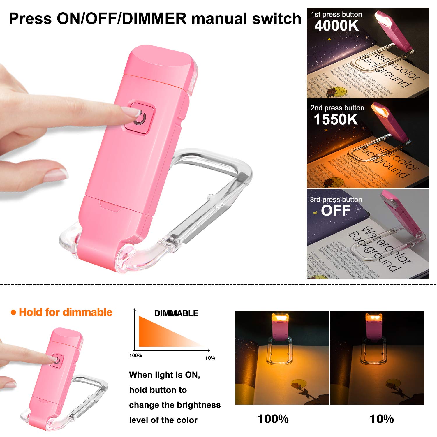 Rechargeable LED Book Light with Dimmable Warm White & Amber Modes – USB-Powered Clip-On Reading Lamp for Books, Sheet Music & Travel (Pink) - Image 3
