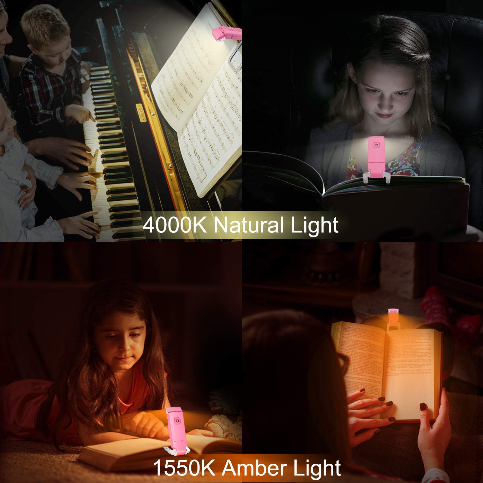 Rechargeable LED Book Light with Dimmable Warm White & Amber Modes – USB-Powered Clip-On Reading Lamp for Books, Sheet Music & Travel (Pink) - Image 4