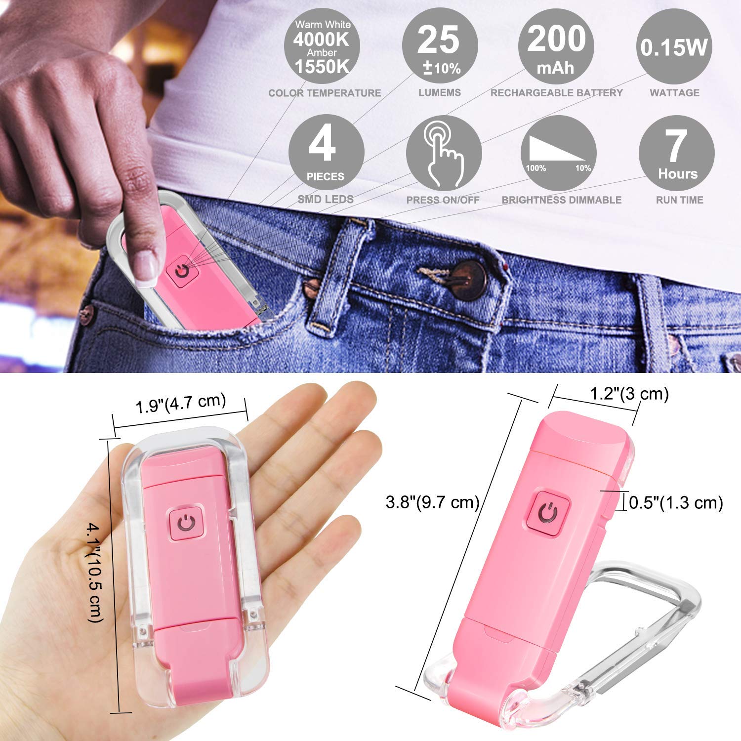 Rechargeable LED Book Light with Dimmable Warm White & Amber Modes – USB-Powered Clip-On Reading Lamp for Books, Sheet Music & Travel (Pink) - Image 5