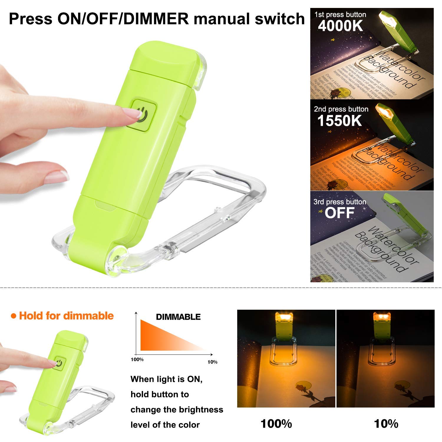 Rechargeable LED Book Light with Dimmable Warm White & Amber Modes – USB-Powered Clip-On Reading Lamp for Books, Sheet Music & Travel (Green) - Image 3