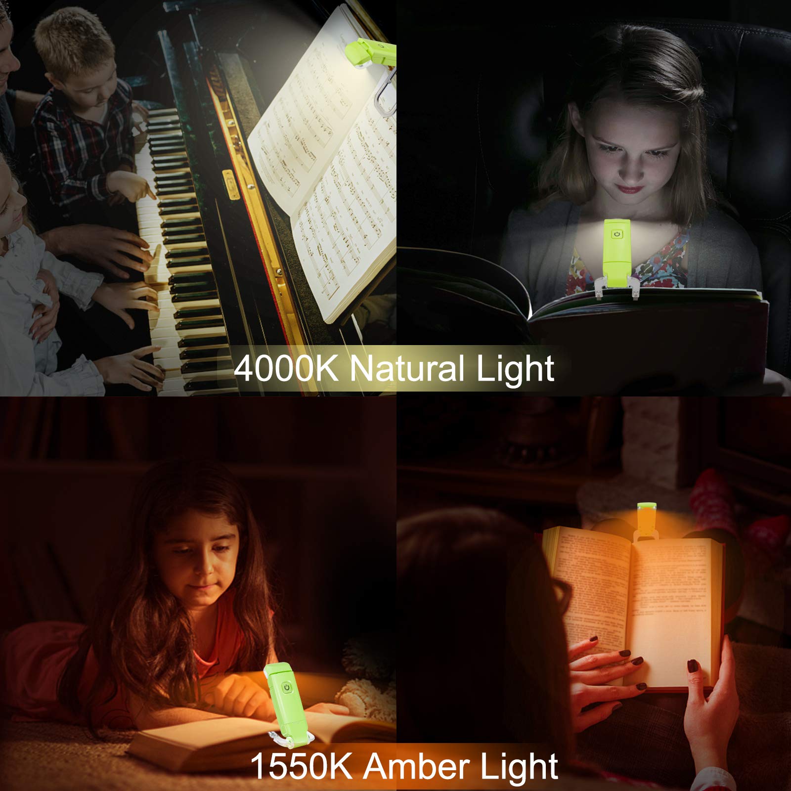 Rechargeable LED Book Light with Dimmable Warm White & Amber Modes – USB-Powered Clip-On Reading Lamp for Books, Sheet Music & Travel (Green) - Image 4