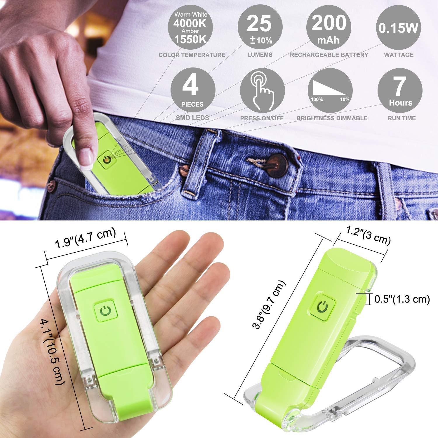 Rechargeable LED Book Light with Dimmable Warm White & Amber Modes – USB-Powered Clip-On Reading Lamp for Books, Sheet Music & Travel (Green) - Image 5