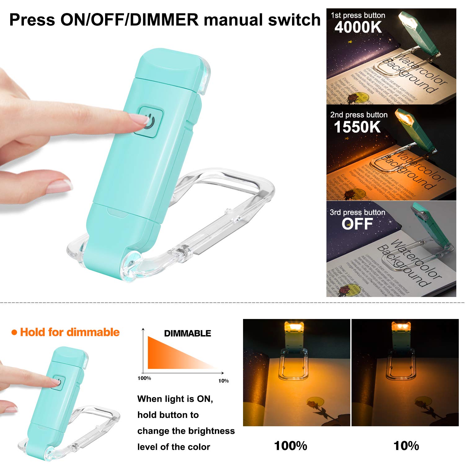 Rechargeable LED Book Light with Dimmable Warm White & Amber Modes – USB-Powered Clip-On Reading Lamp for Books, Sheet Music & Travel (Blue) - Image 3