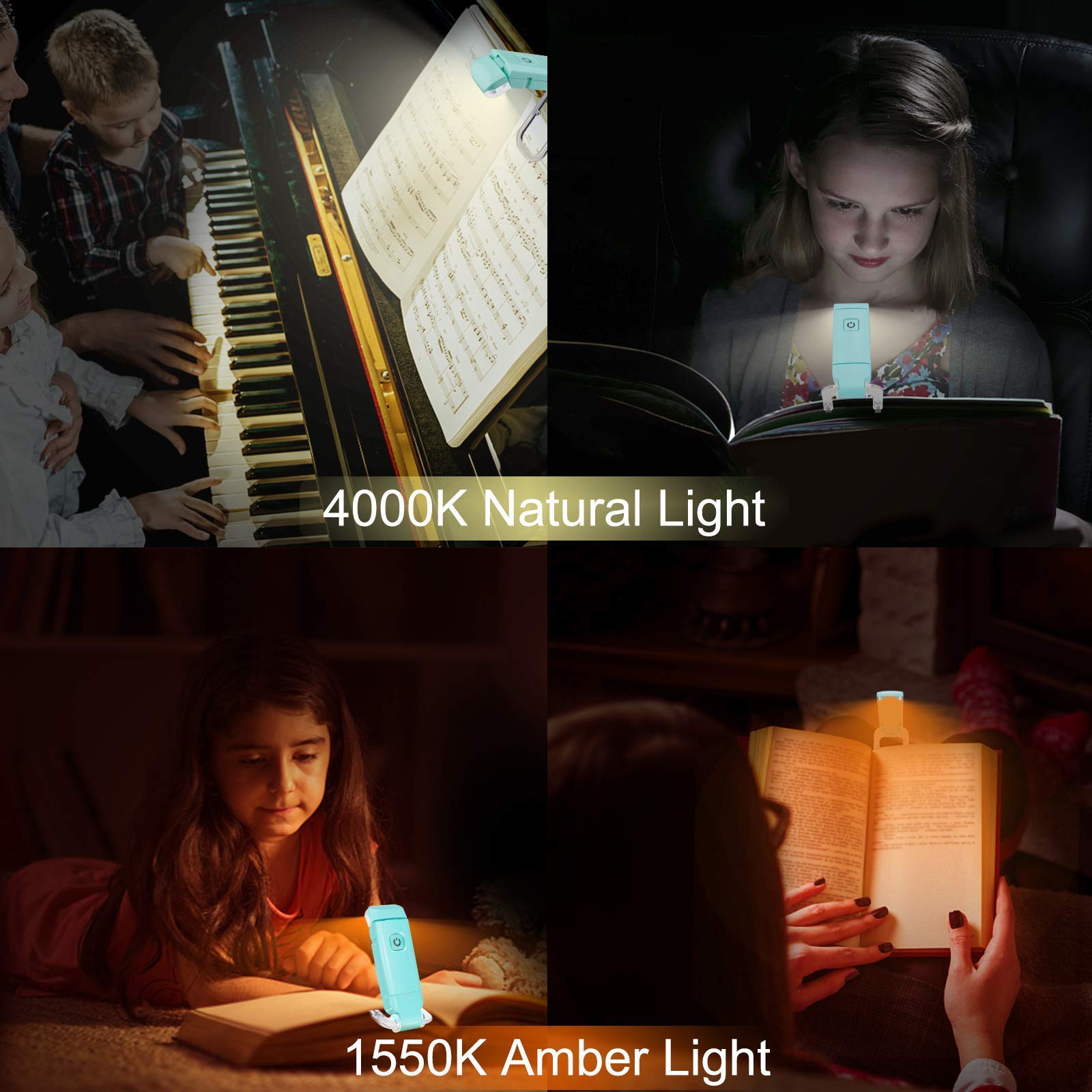 Rechargeable LED Book Light with Dimmable Warm White & Amber Modes – USB-Powered Clip-On Reading Lamp for Books, Sheet Music & Travel (Blue) - Image 4