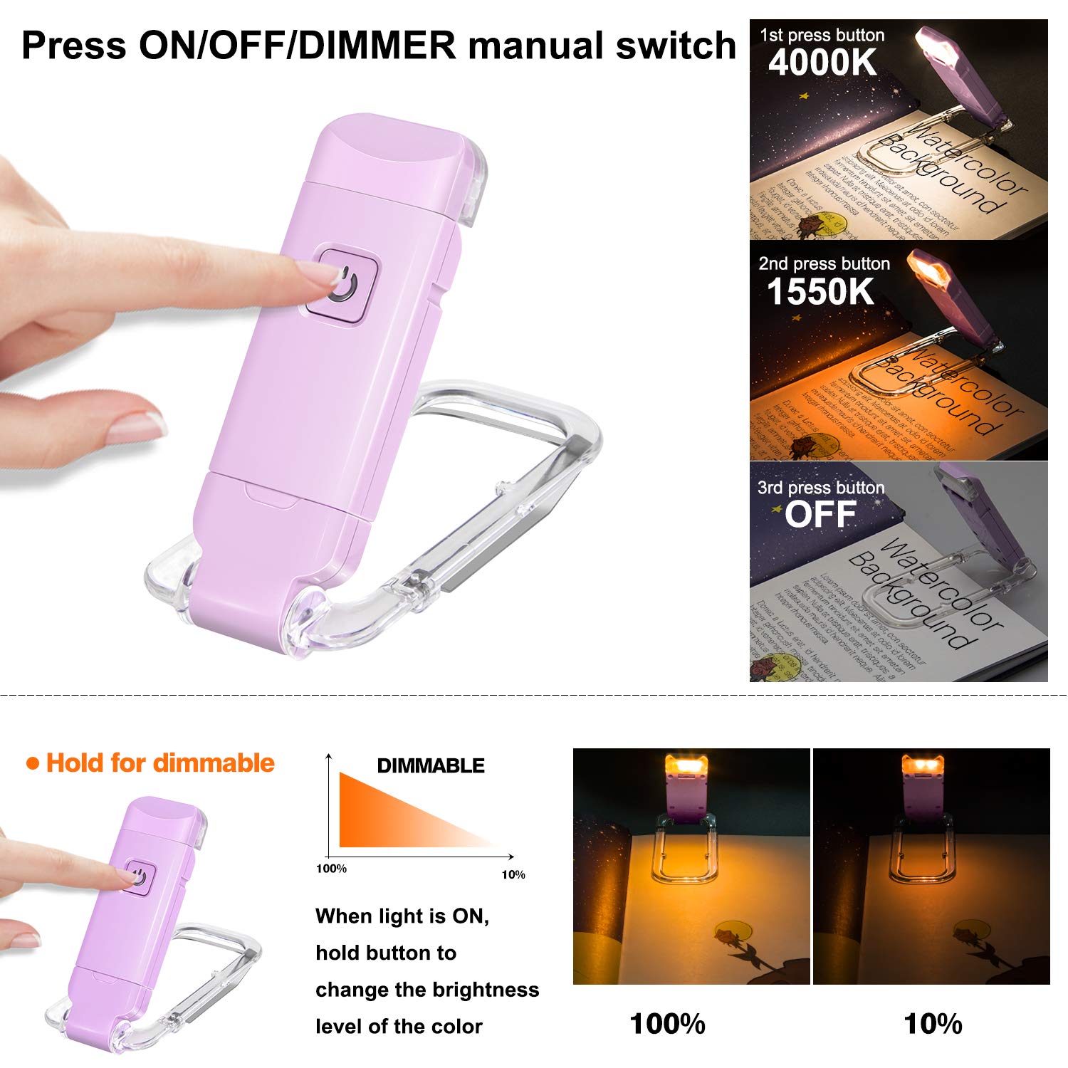 Rechargeable LED Book Light with Dimmable Warm White & Amber Modes – USB-Powered Clip-On Reading Lamp for Books, Sheet Music & Travel (Purple) - Image 3
