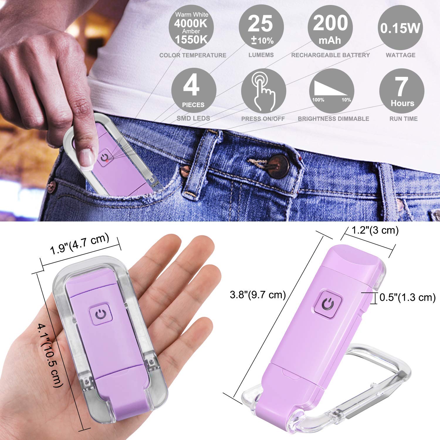 Rechargeable LED Book Light with Dimmable Warm White & Amber Modes – USB-Powered Clip-On Reading Lamp for Books, Sheet Music & Travel (Purple) - Image 5
