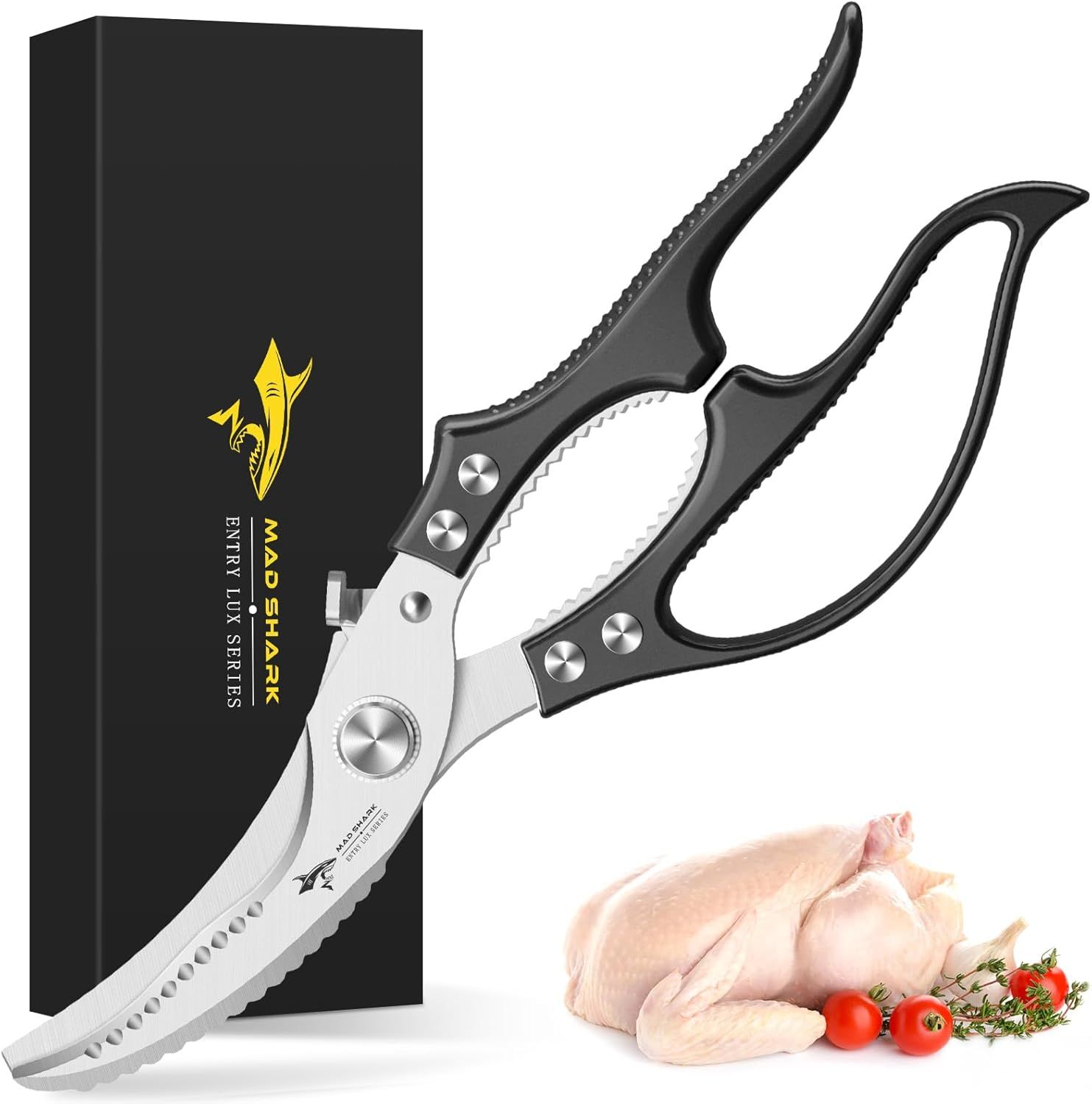 Heavy Duty Kitchen Shears, Poultry Scissors for Cutting Chicken Bones, German Stainless Steel, All-Metal Design, Spring-Loaded, Dishwasher Safe (Black) - Image 1