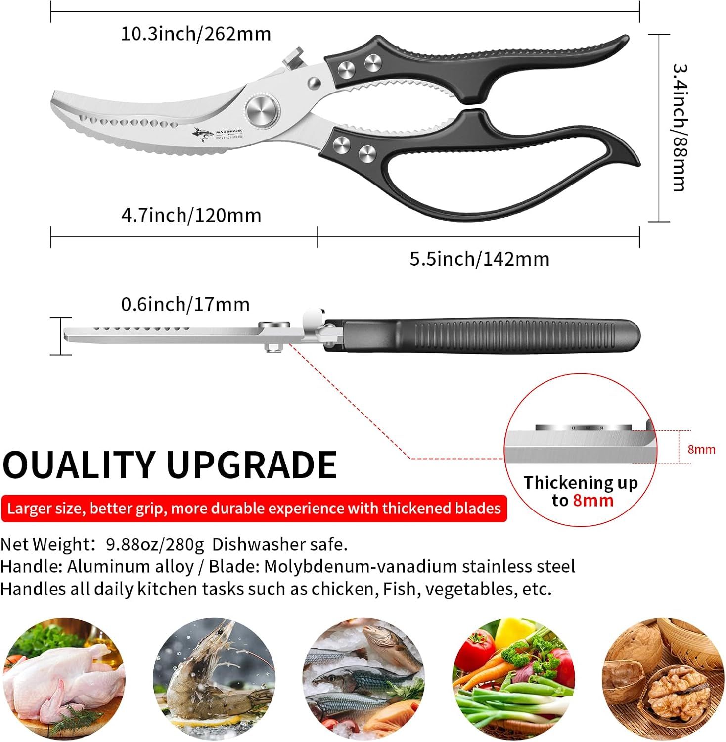 Heavy Duty Kitchen Shears, Poultry Scissors for Cutting Chicken Bones, German Stainless Steel, All-Metal Design, Spring-Loaded, Dishwasher Safe (Black) - Image 2