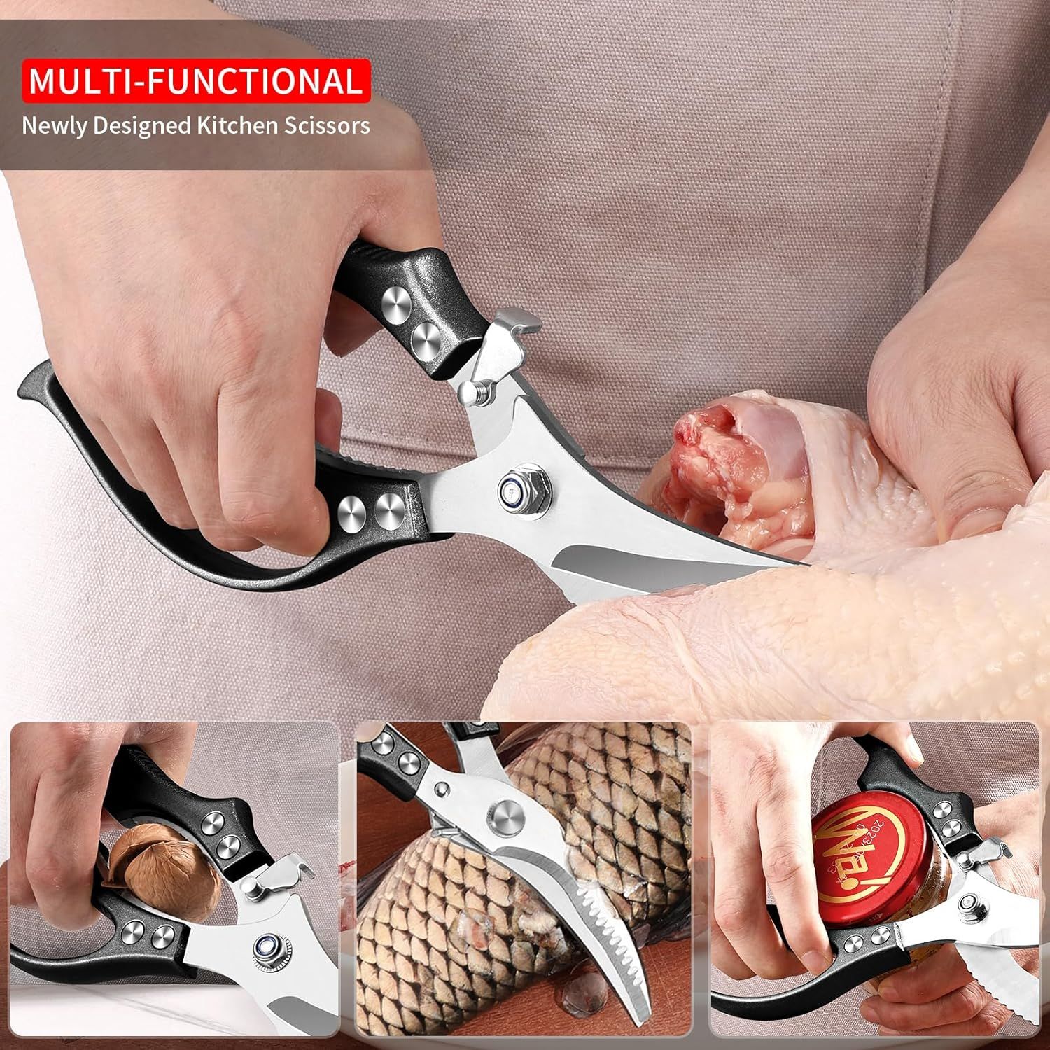 Heavy Duty Kitchen Shears, Poultry Scissors for Cutting Chicken Bones, German Stainless Steel, All-Metal Design, Spring-Loaded, Dishwasher Safe (Black) - Image 3