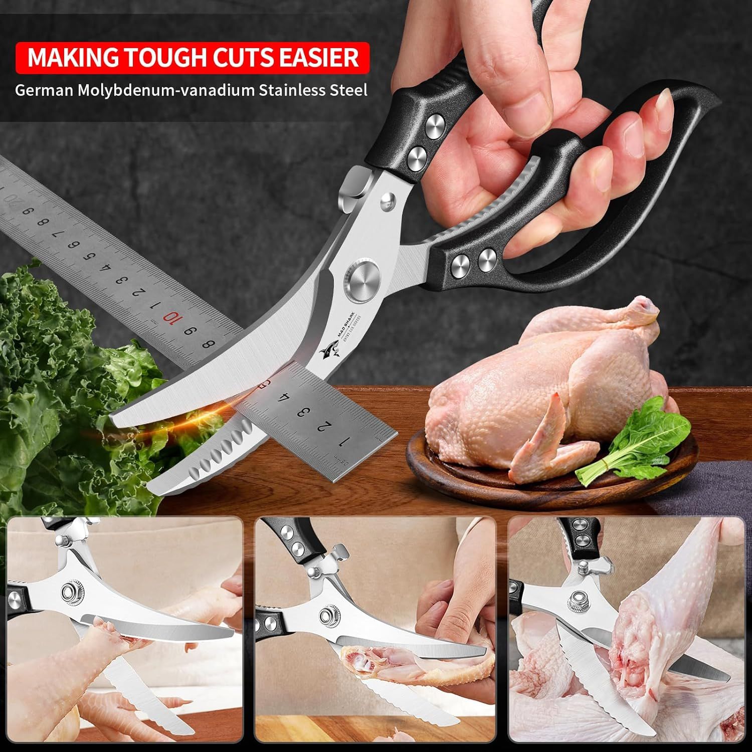 Heavy Duty Kitchen Shears, Poultry Scissors for Cutting Chicken Bones, German Stainless Steel, All-Metal Design, Spring-Loaded, Dishwasher Safe (Black) - Image 4
