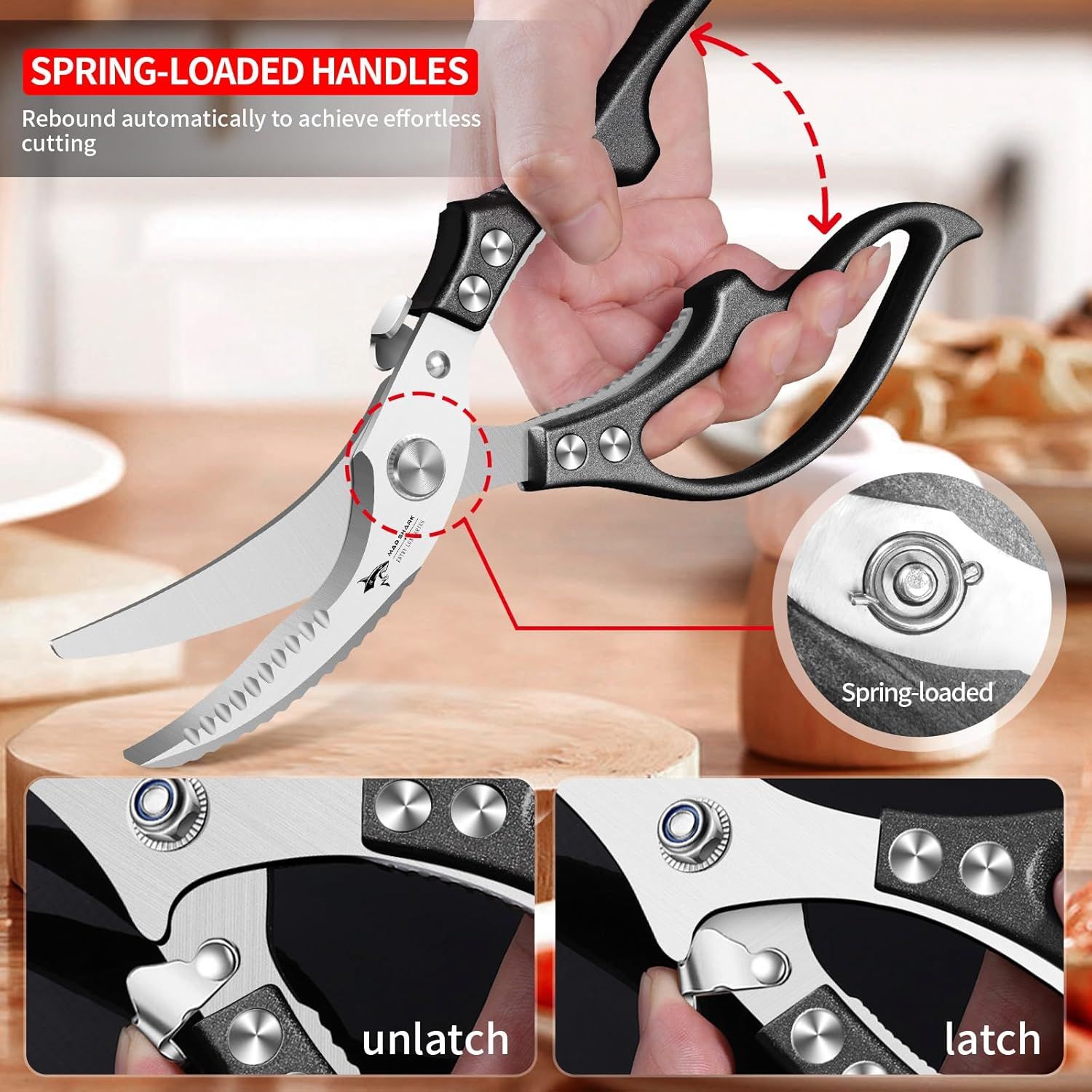 Heavy Duty Kitchen Shears, Poultry Scissors for Cutting Chicken Bones, German Stainless Steel, All-Metal Design, Spring-Loaded, Dishwasher Safe (Black) - Image 5