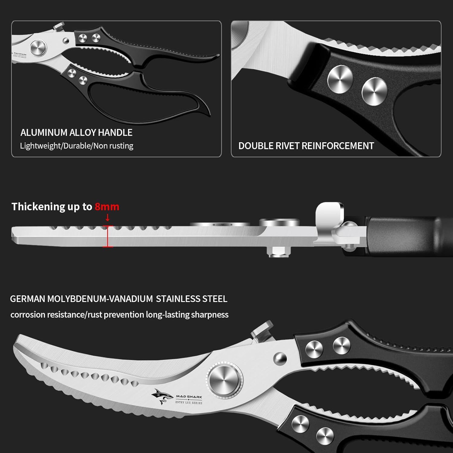 Heavy Duty Kitchen Shears, Poultry Scissors for Cutting Chicken Bones, German Stainless Steel, All-Metal Design, Spring-Loaded, Dishwasher Safe (Black) - Image 6
