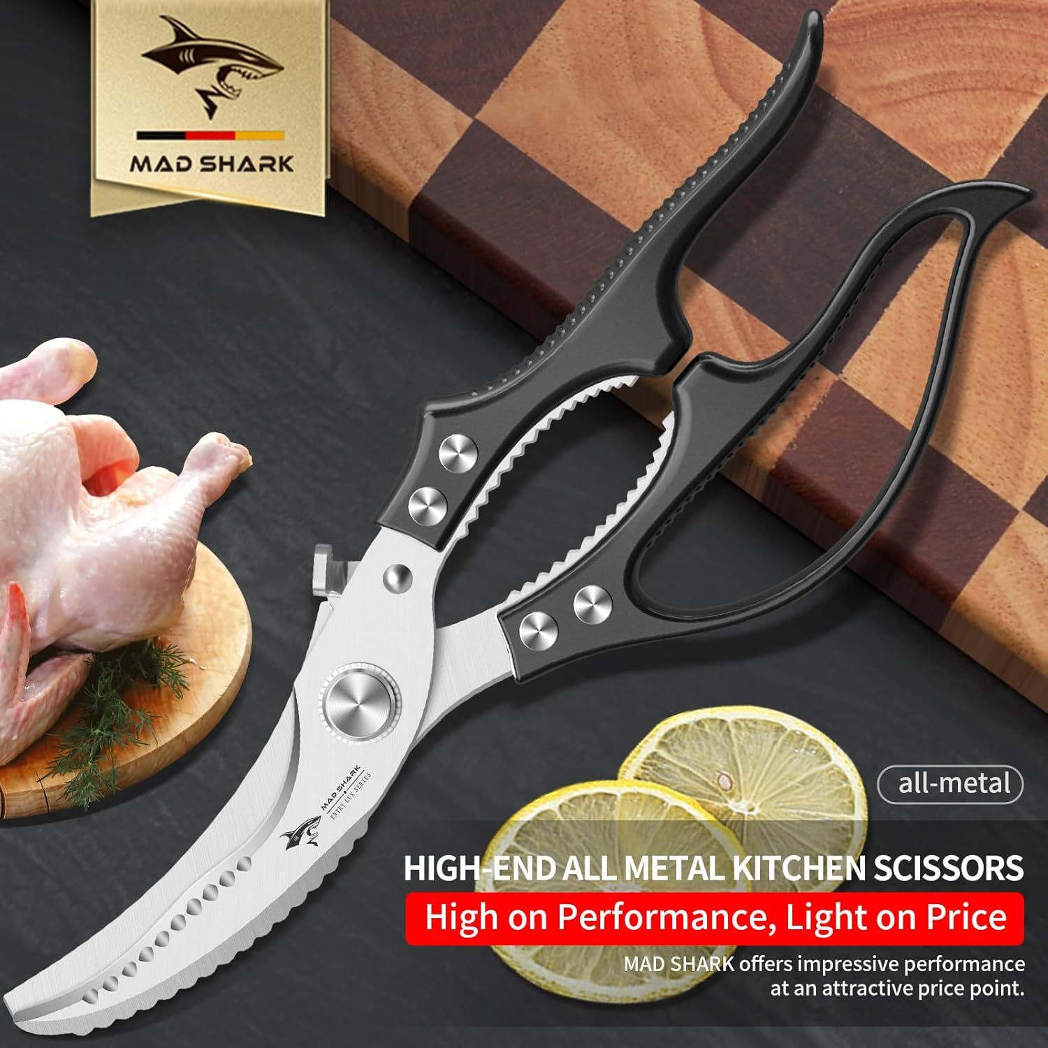 Heavy Duty Kitchen Shears, Poultry Scissors for Cutting Chicken Bones, German Stainless Steel, All-Metal Design, Spring-Loaded, Dishwasher Safe (Black) - Image 7