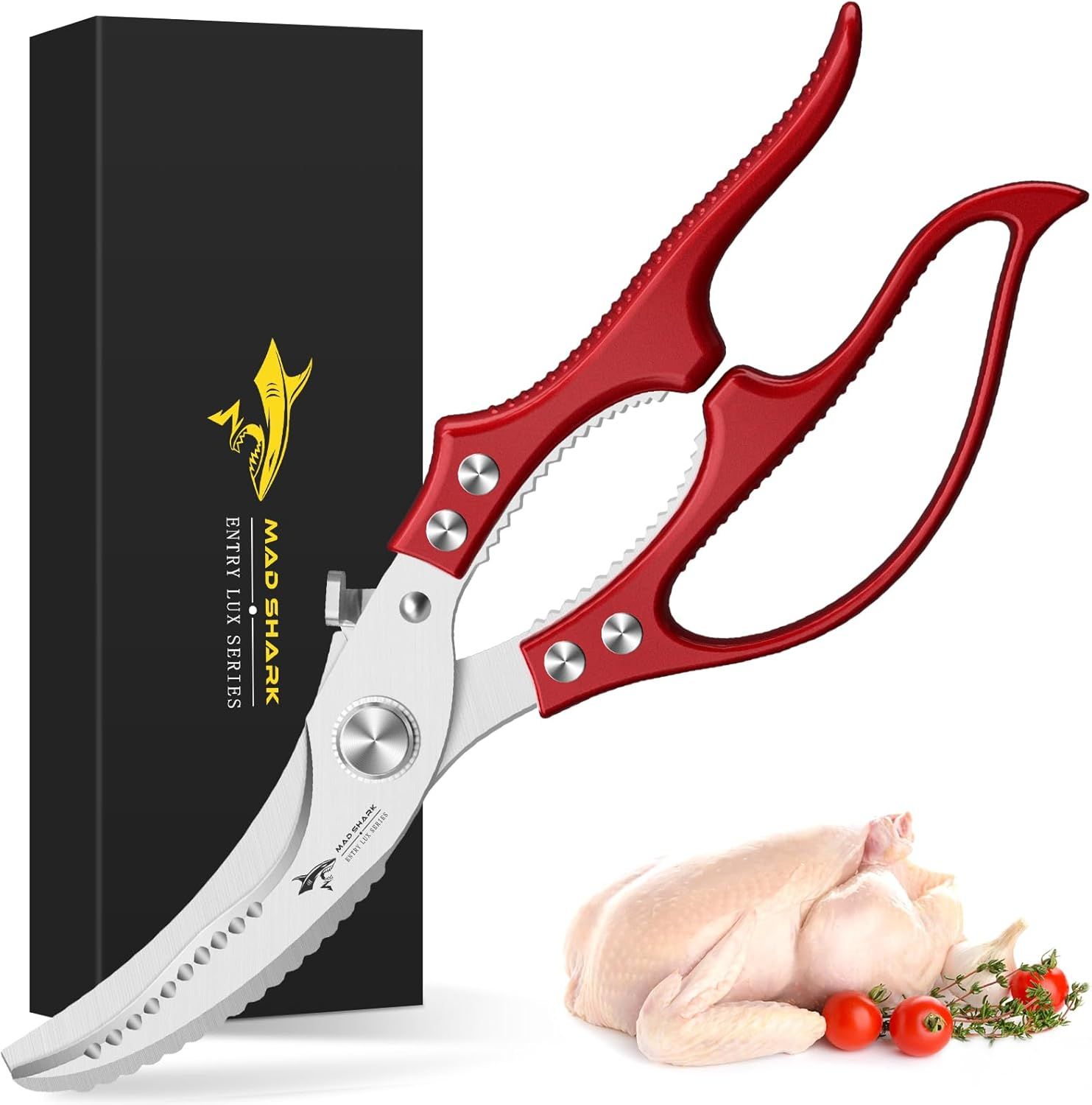 Heavy Duty Kitchen Shears, Poultry Scissors for Cutting Chicken Bones, German Stainless Steel, All-Metal Design, Spring-Loaded, Dishwasher Safe (Red) - Image 1