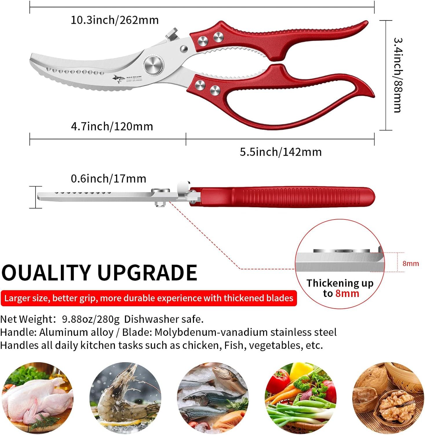 Heavy Duty Kitchen Shears, Poultry Scissors for Cutting Chicken Bones, German Stainless Steel, All-Metal Design, Spring-Loaded, Dishwasher Safe (Red) - Image 2