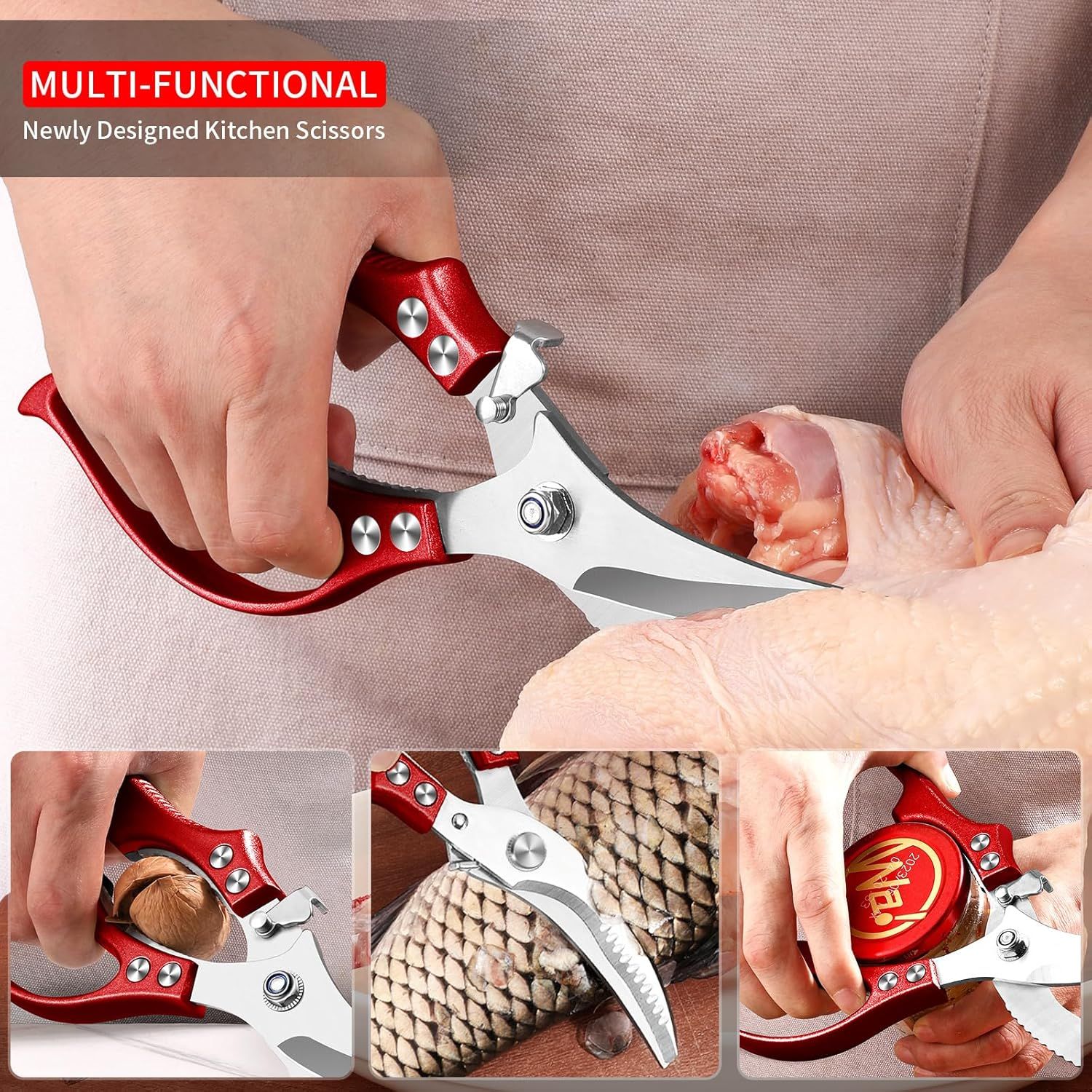 Heavy Duty Kitchen Shears, Poultry Scissors for Cutting Chicken Bones, German Stainless Steel, All-Metal Design, Spring-Loaded, Dishwasher Safe (Red) - Image 3