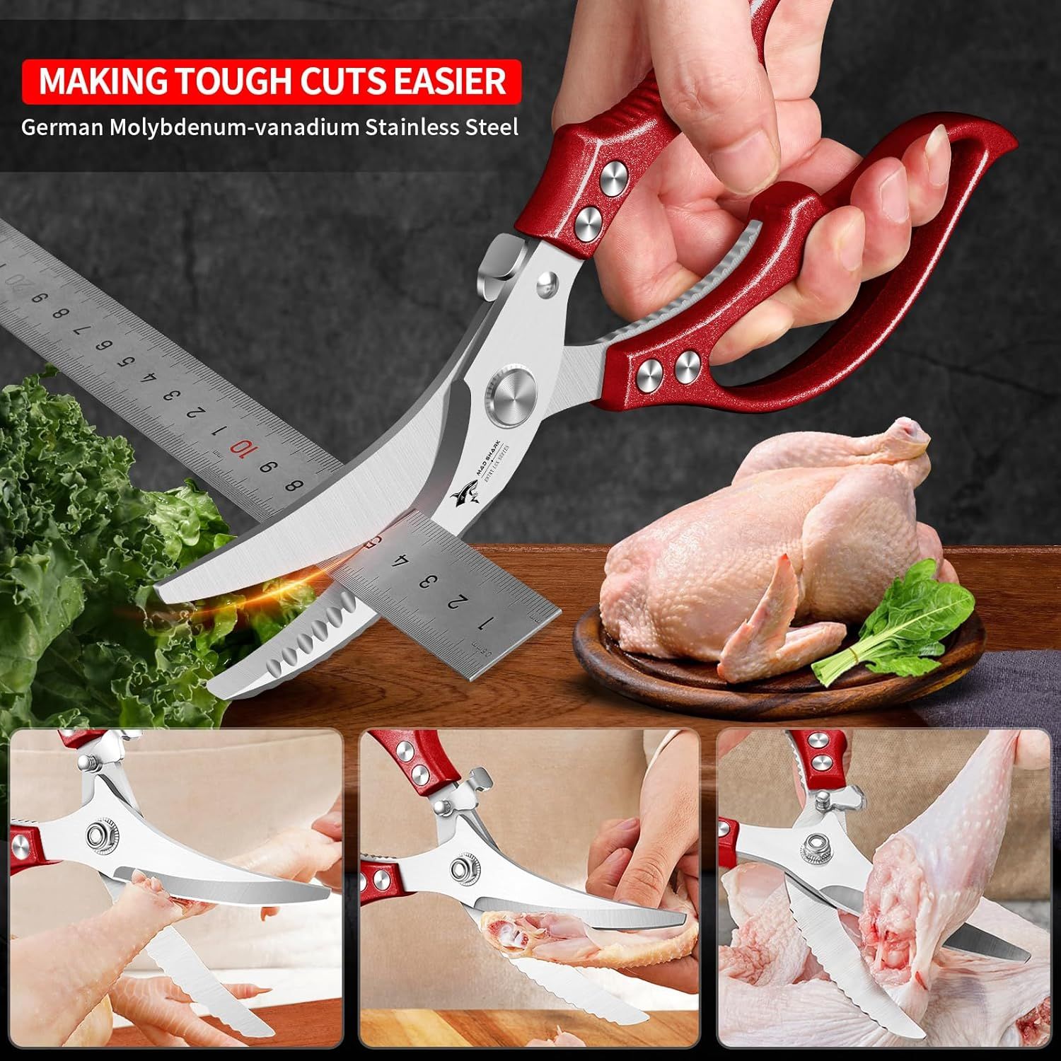 Heavy Duty Kitchen Shears, Poultry Scissors for Cutting Chicken Bones, German Stainless Steel, All-Metal Design, Spring-Loaded, Dishwasher Safe (Red) - Image 4