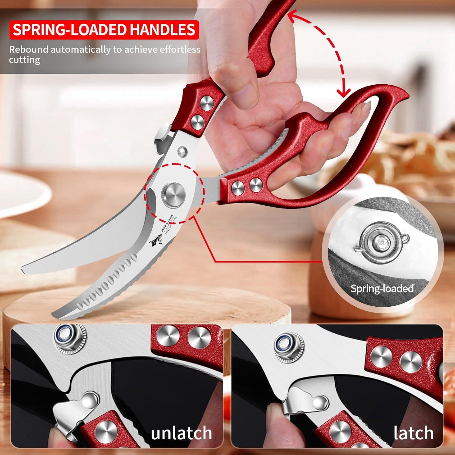 Heavy Duty Kitchen Shears, Poultry Scissors for Cutting Chicken Bones, German Stainless Steel, All-Metal Design, Spring-Loaded, Dishwasher Safe (Red) - Image 5