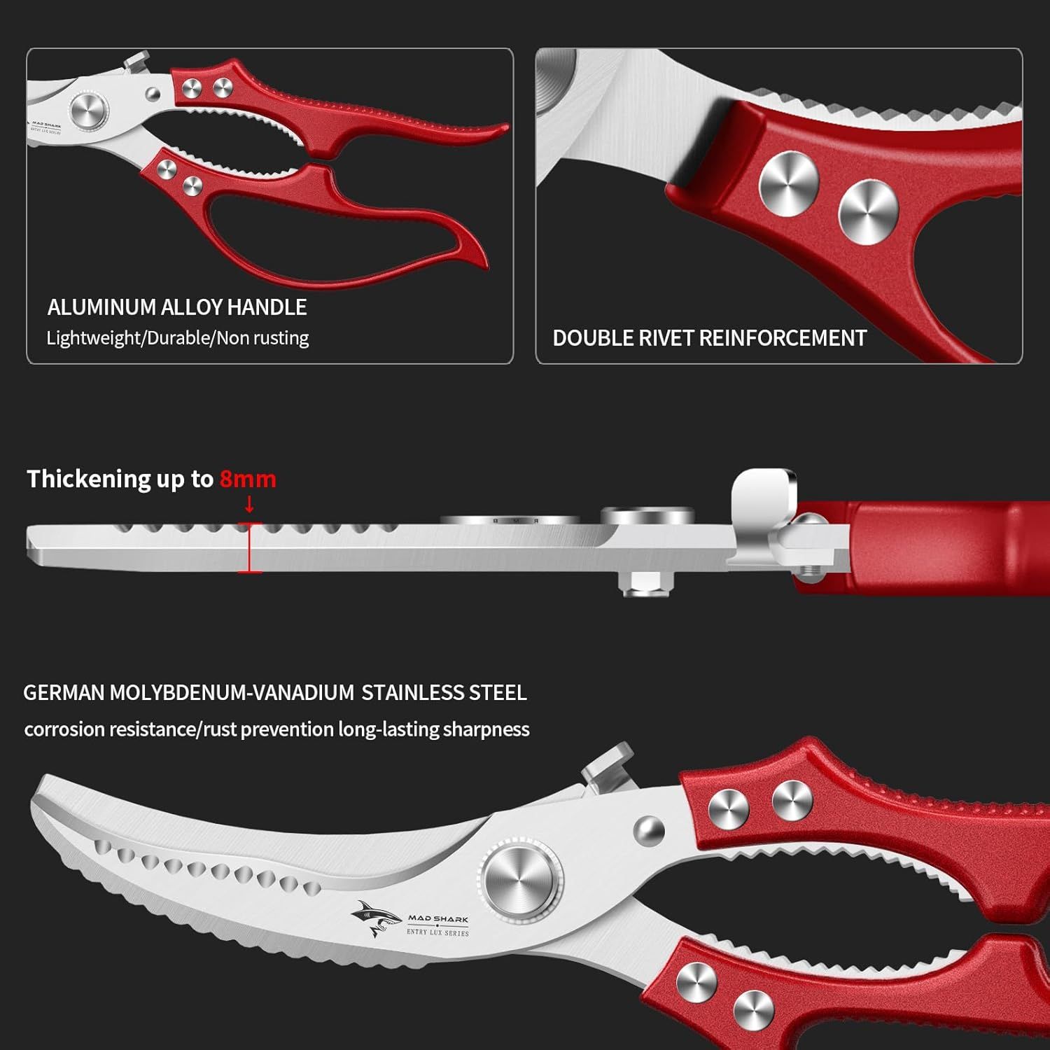 Heavy Duty Kitchen Shears, Poultry Scissors for Cutting Chicken Bones, German Stainless Steel, All-Metal Design, Spring-Loaded, Dishwasher Safe (Red) - Image 6