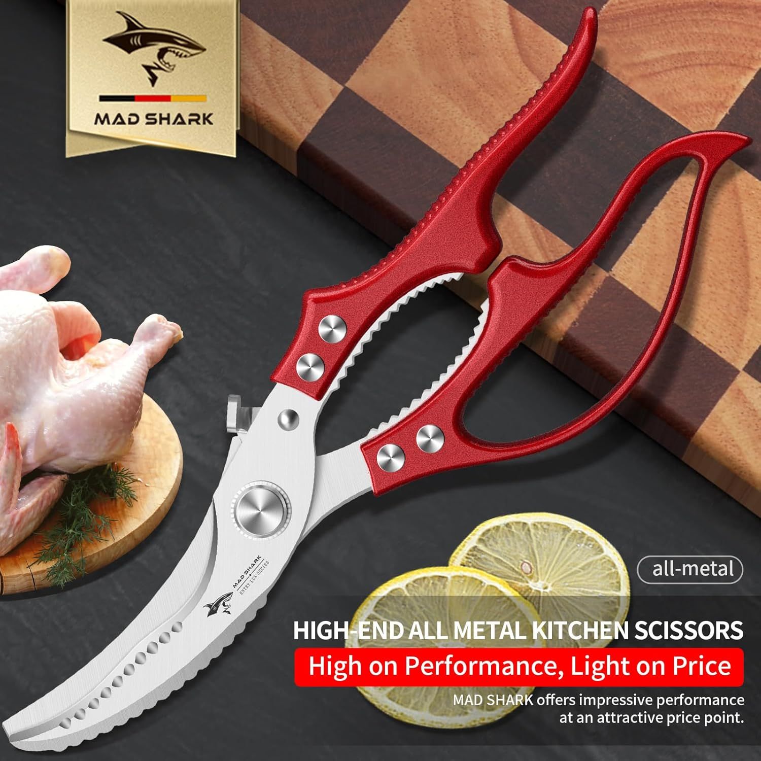 Heavy Duty Kitchen Shears, Poultry Scissors for Cutting Chicken Bones, German Stainless Steel, All-Metal Design, Spring-Loaded, Dishwasher Safe (Red) - Image 7